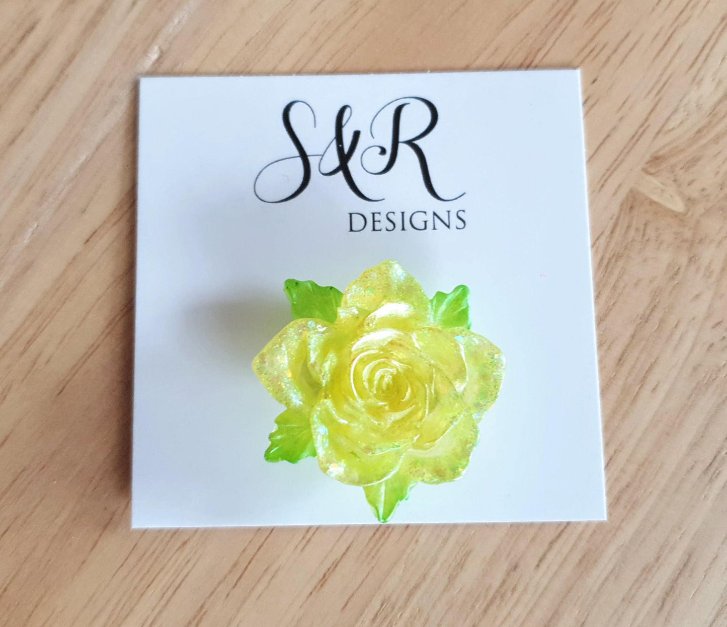 Yellow Rose Flower Brooch, Light Yellow Flower with Green Leaves Brooch with Stainless Steel Pin, Handmade Resin Brooch, Personalised Brooch