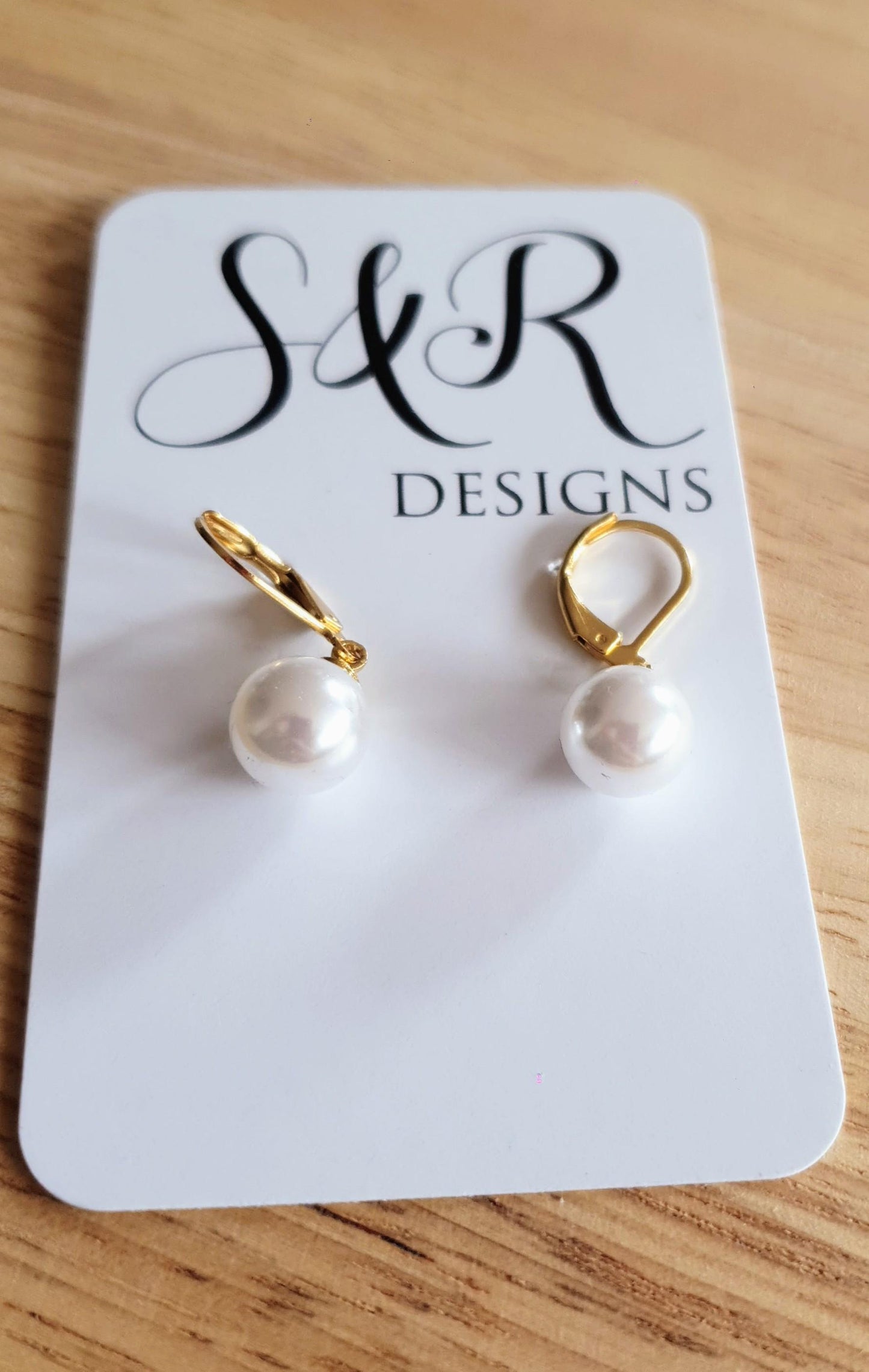 Gold Faux Pearl Leverback Earrings, Stainless Steel Statement Dangle Drop Minimalist Earrings. Pearl Drops.