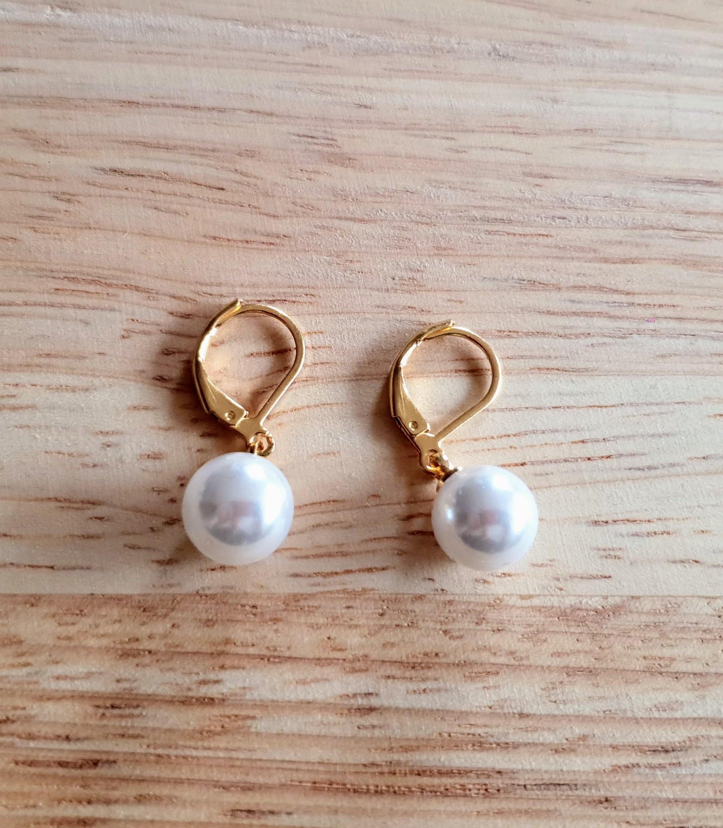 Gold Faux Pearl Leverback Earrings, Stainless Steel Statement Dangle Drop Minimalist Earrings. Pearl Drops.