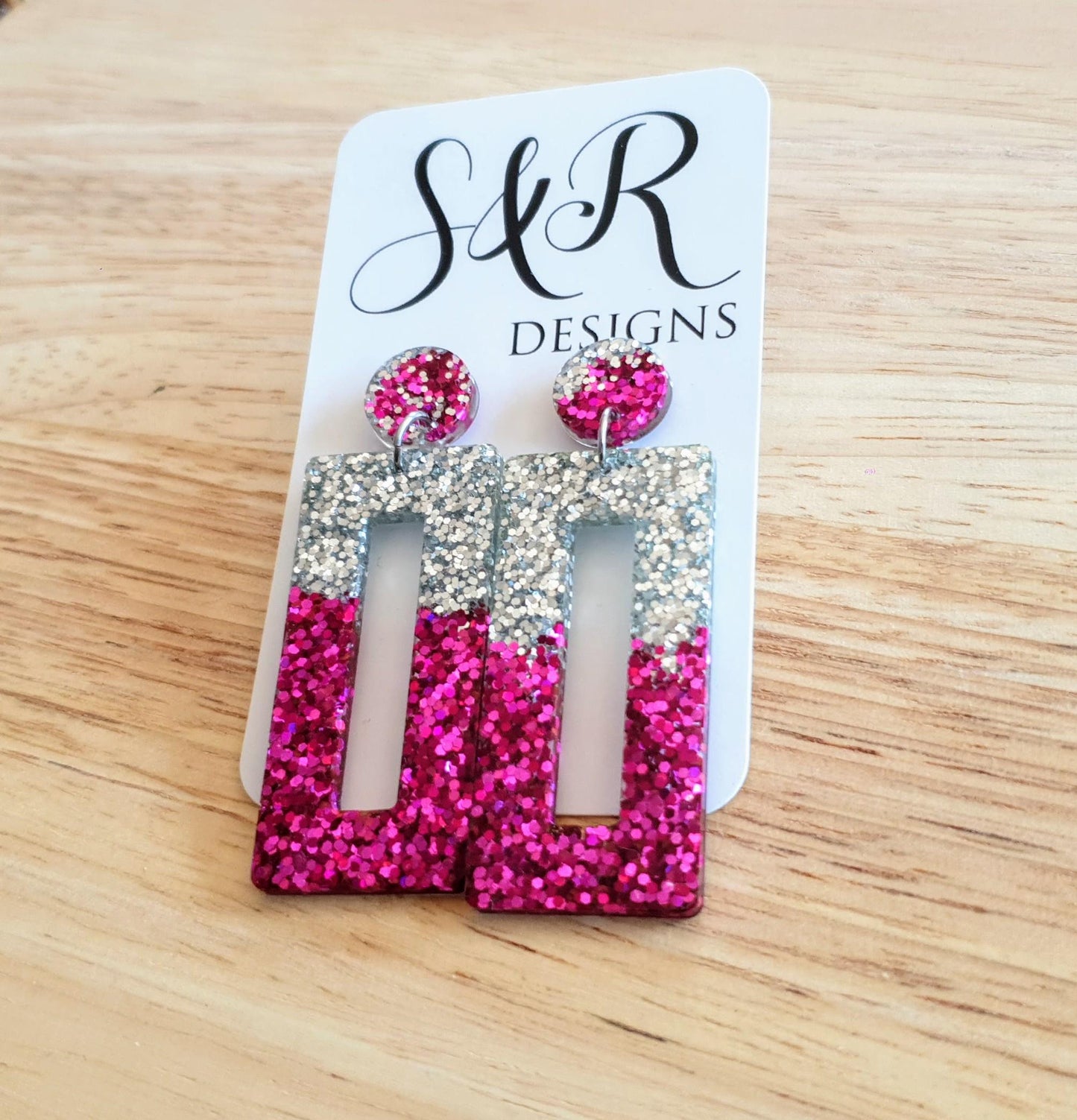 Pink Silver Rectangle Dangle Earrings, Sparkly Glitter Resin Handmade Dangle Statement Earrings,  Custom order welcomed for different colour