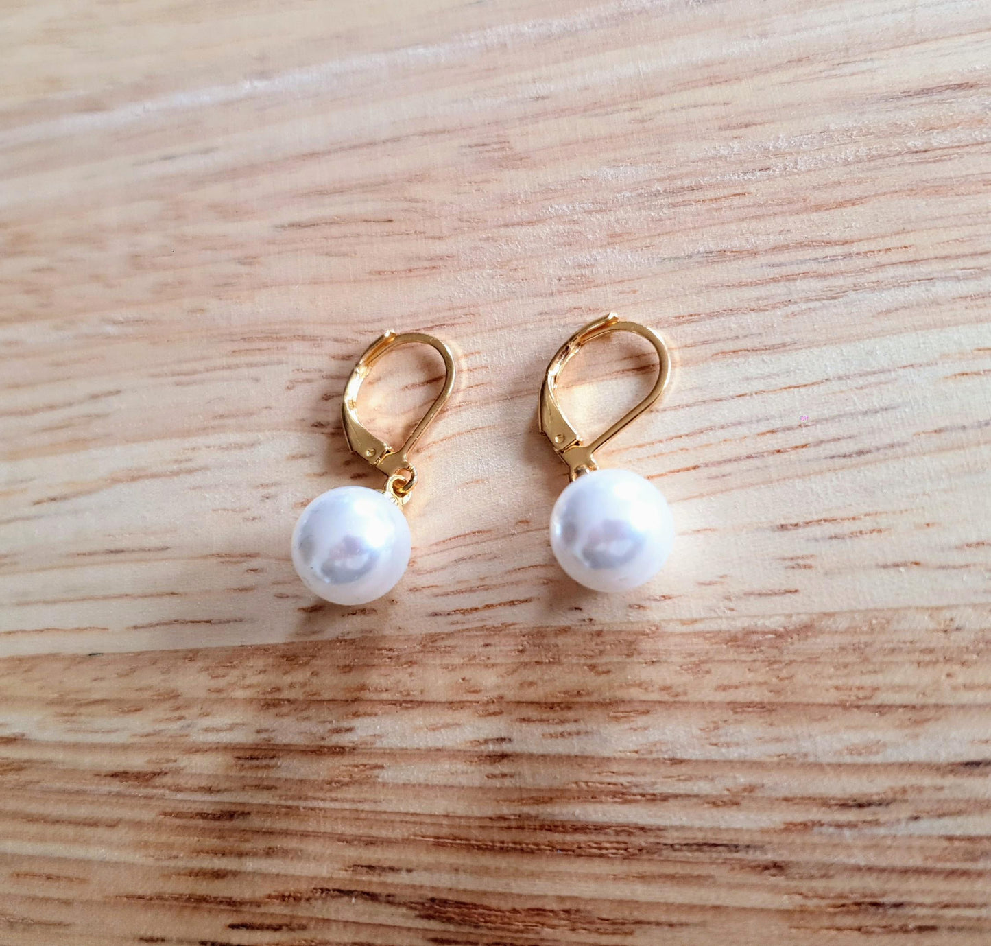 Gold Faux Pearl Leverback Earrings, Stainless Steel Statement Dangle Drop Minimalist Earrings. Pearl Drops.