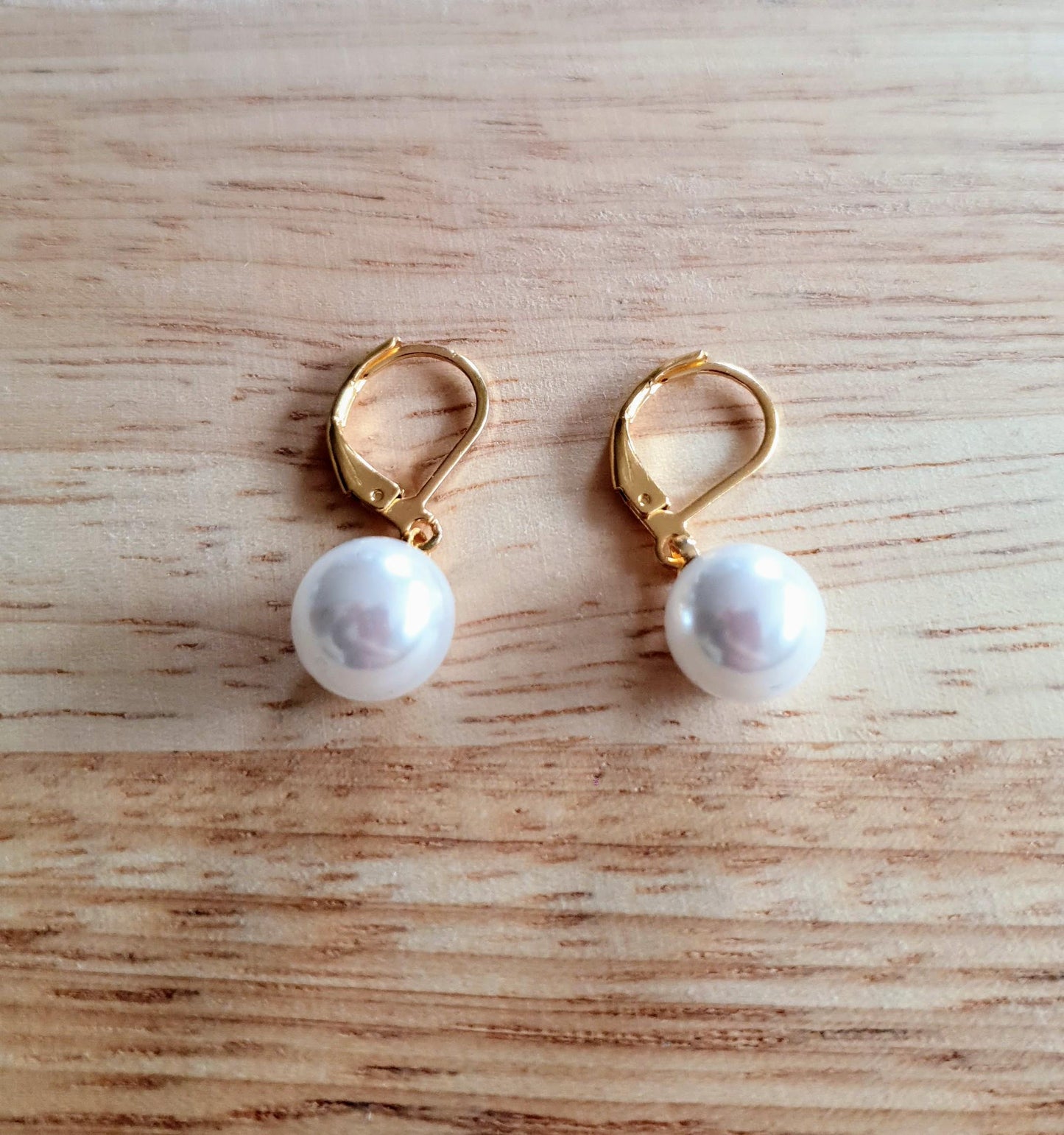 Gold Faux Pearl Leverback Earrings, Stainless Steel Statement Dangle Drop Minimalist Earrings. Pearl Drops.
