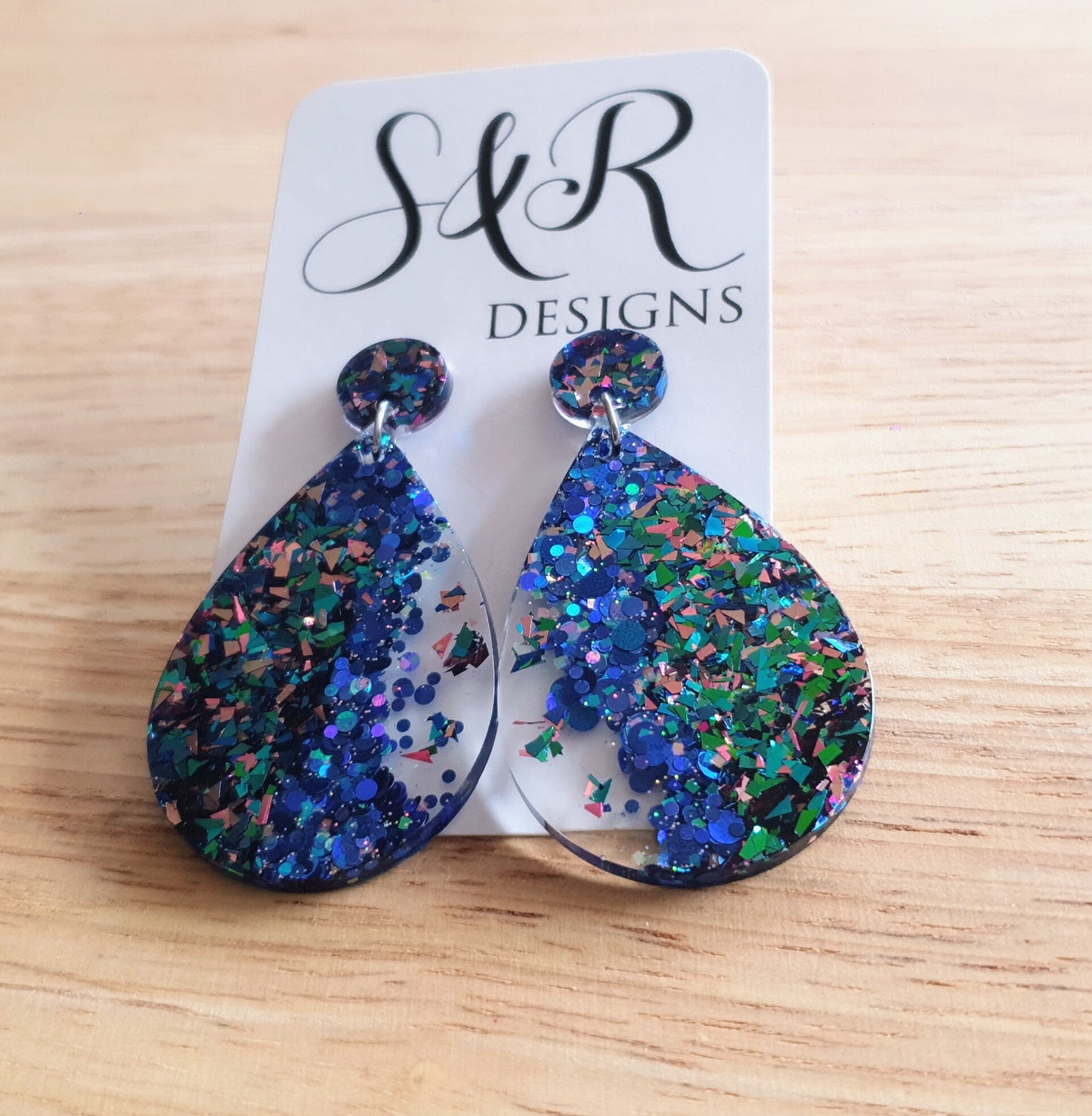Teardrops Resin Long Multi Electric Blue Teal Pink Mix Earrings, Blue Mix Glitter Resin, Stainless Steel, Statement Earrings