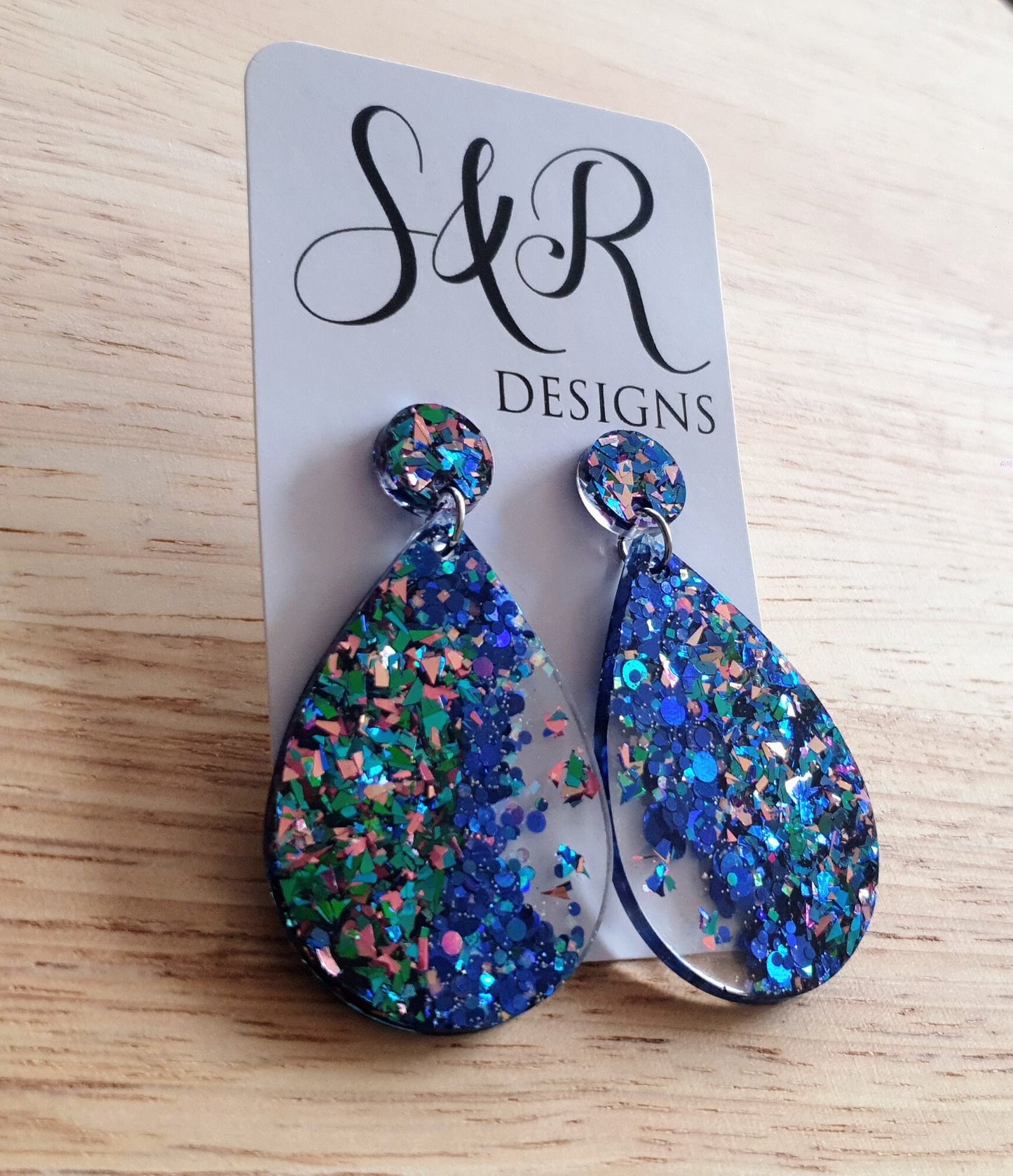 Teardrops Resin Long Multi Electric Blue Teal Pink Mix Earrings, Blue Mix Glitter Resin, Stainless Steel, Statement Earrings