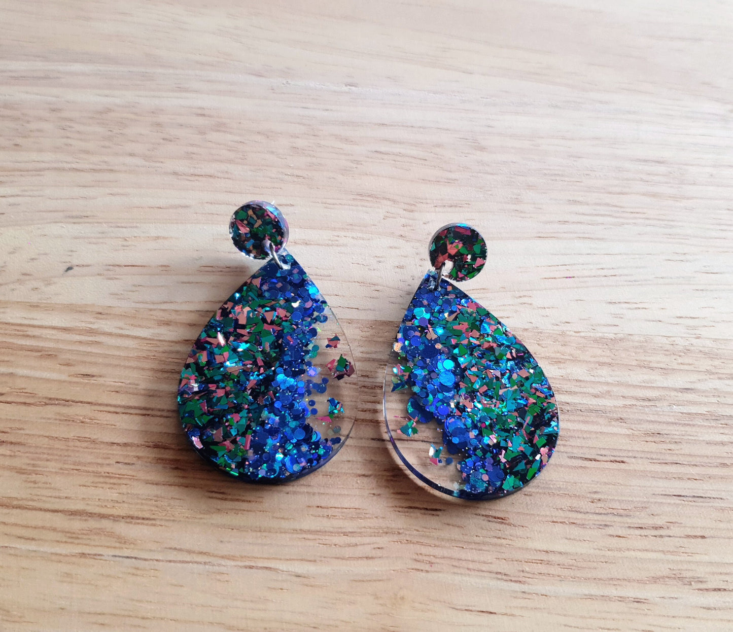 Teardrops Resin Long Multi Electric Blue Teal Pink Mix Earrings, Blue Mix Glitter Resin, Stainless Steel, Statement Earrings