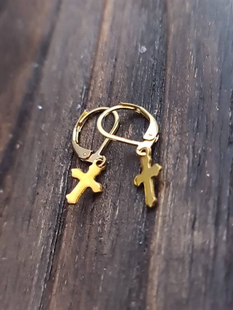 Gold Tiny Cross Leverback Earrings, Stainless Steel Dangle Leverback or Hook Earrings.