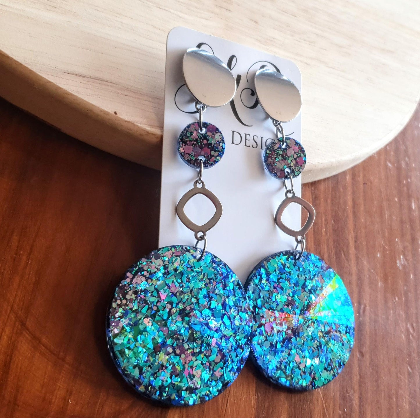 Long Silver Chameleon Hoop Circle Earrings, Holographic Pink, Blue Glitter Dangle, Statement Earrings, Changes colours on movement.