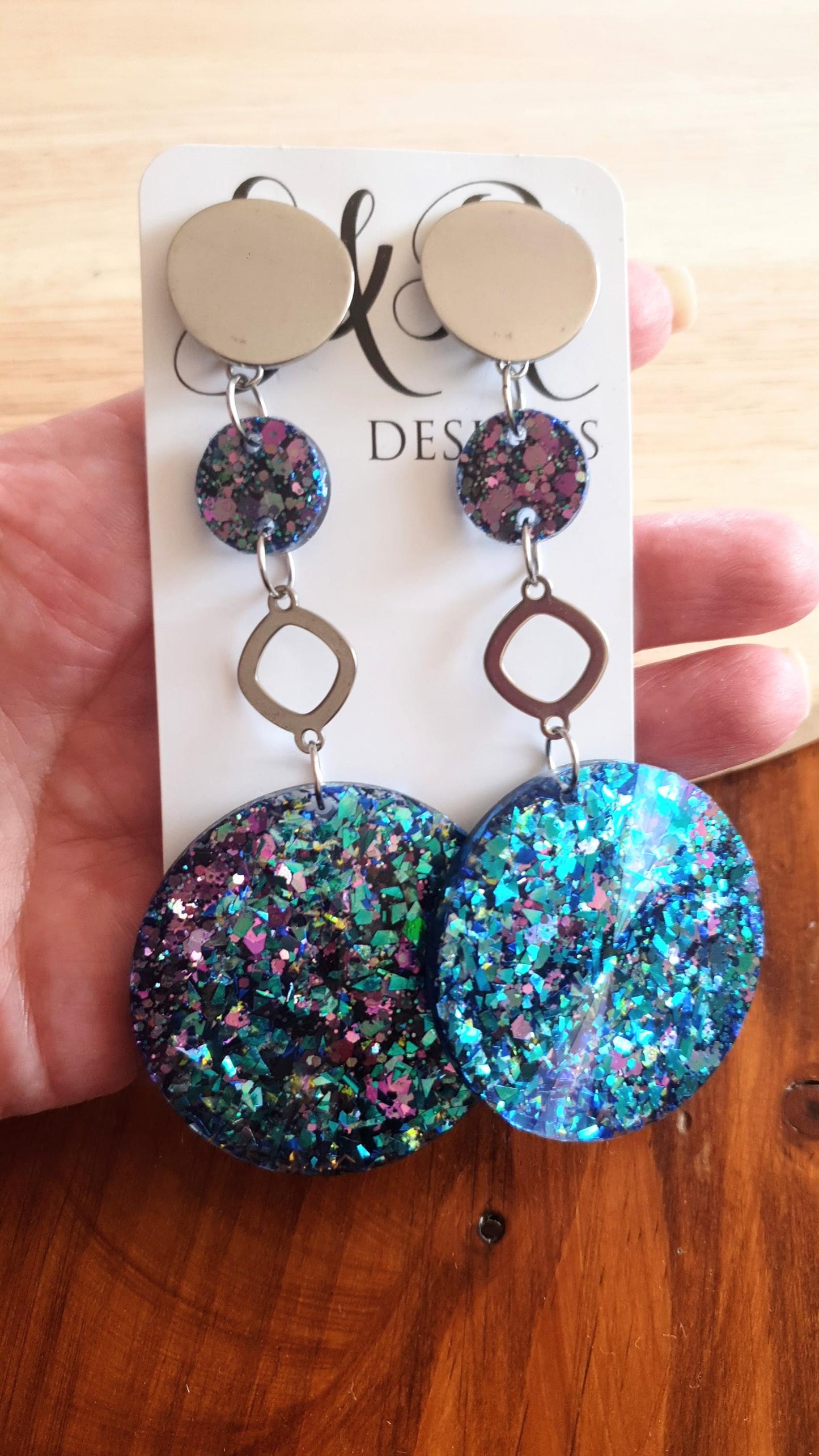 Long Silver Chameleon Hoop Circle Earrings, Holographic Pink, Blue Glitter Dangle, Statement Earrings, Changes colours on movement.