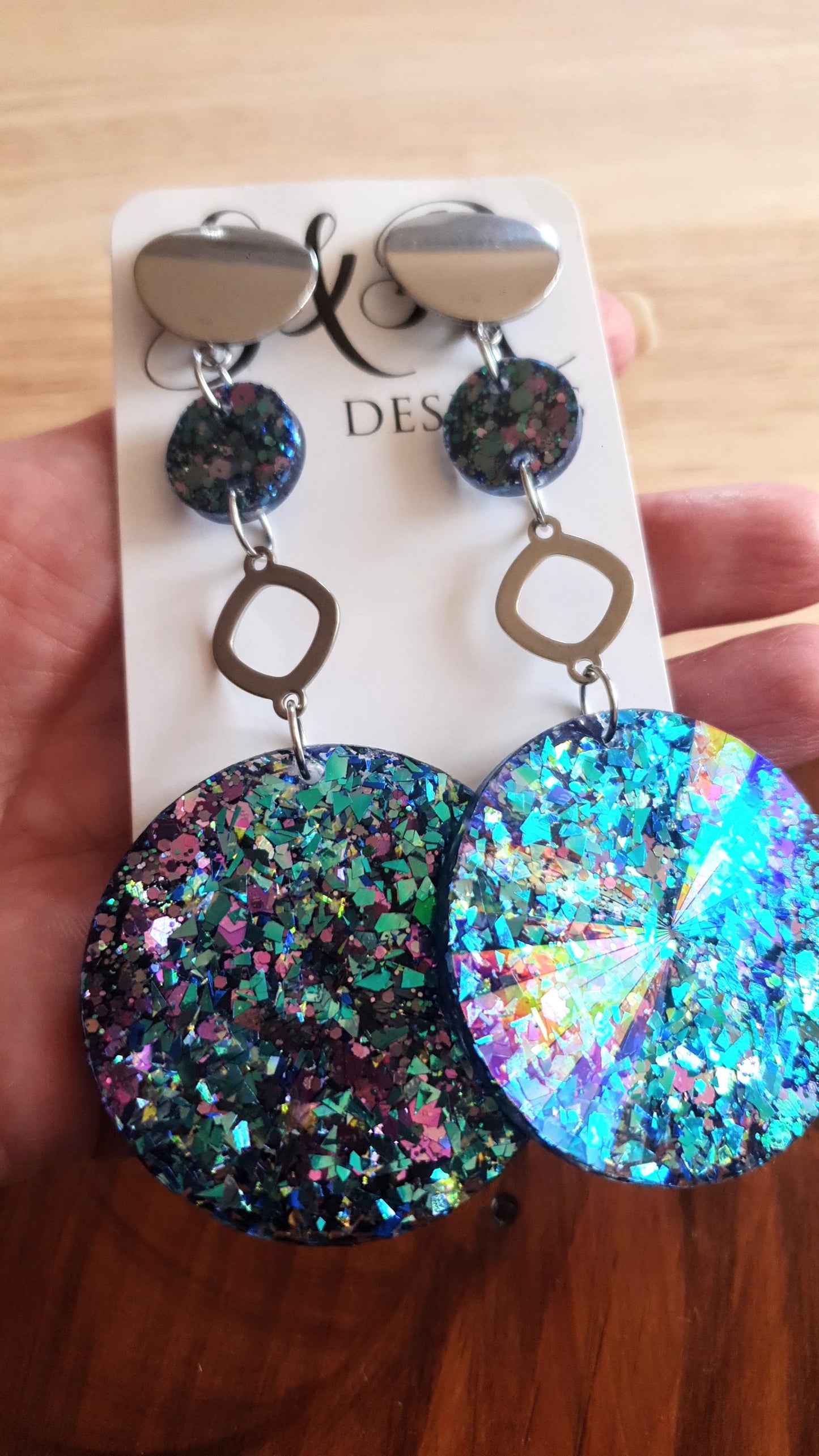 Long Silver Chameleon Hoop Circle Earrings, Holographic Pink, Blue Glitter Dangle, Statement Earrings, Changes colours on movement.
