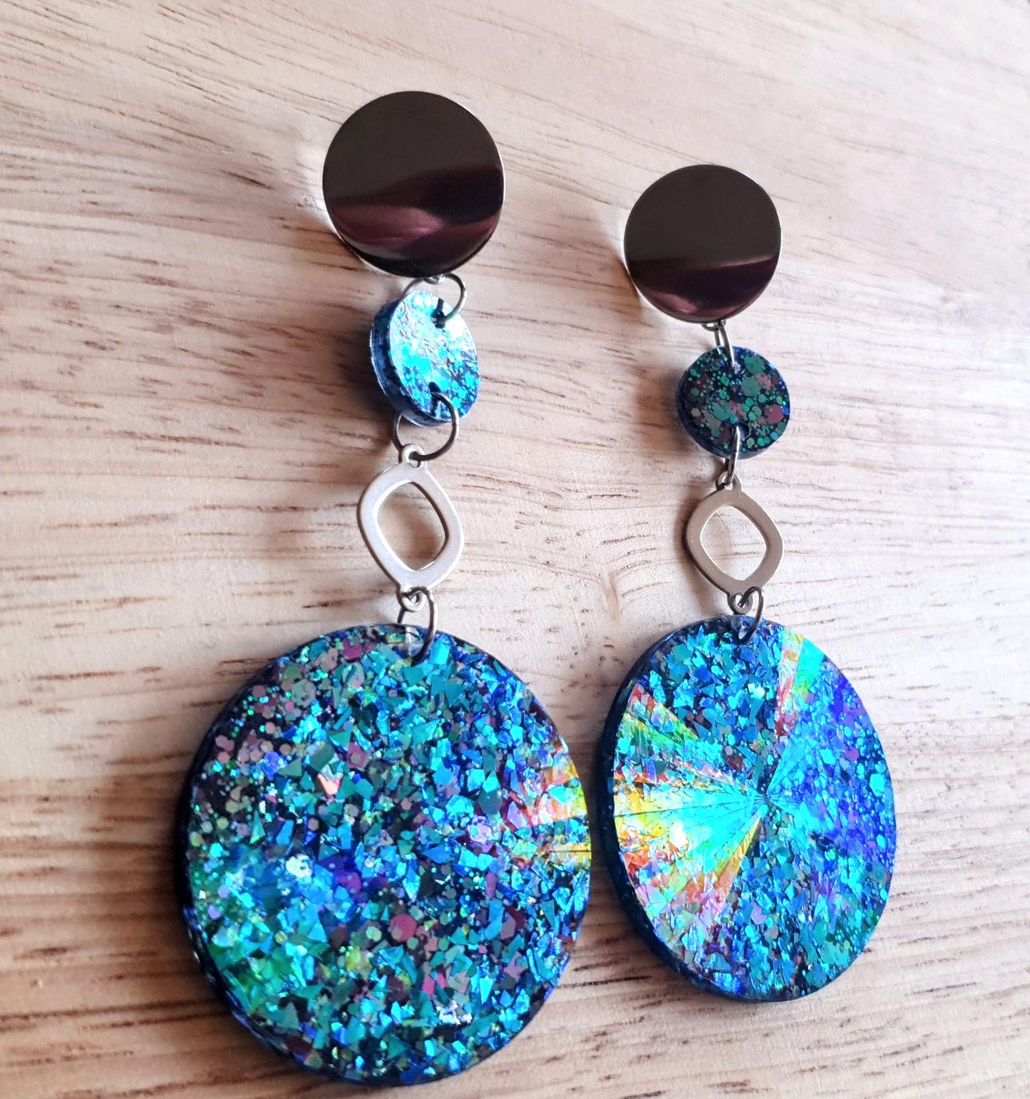 Long Silver Chameleon Hoop Circle Earrings, Holographic Pink, Blue Glitter Dangle, Statement Earrings, Changes colours on movement.