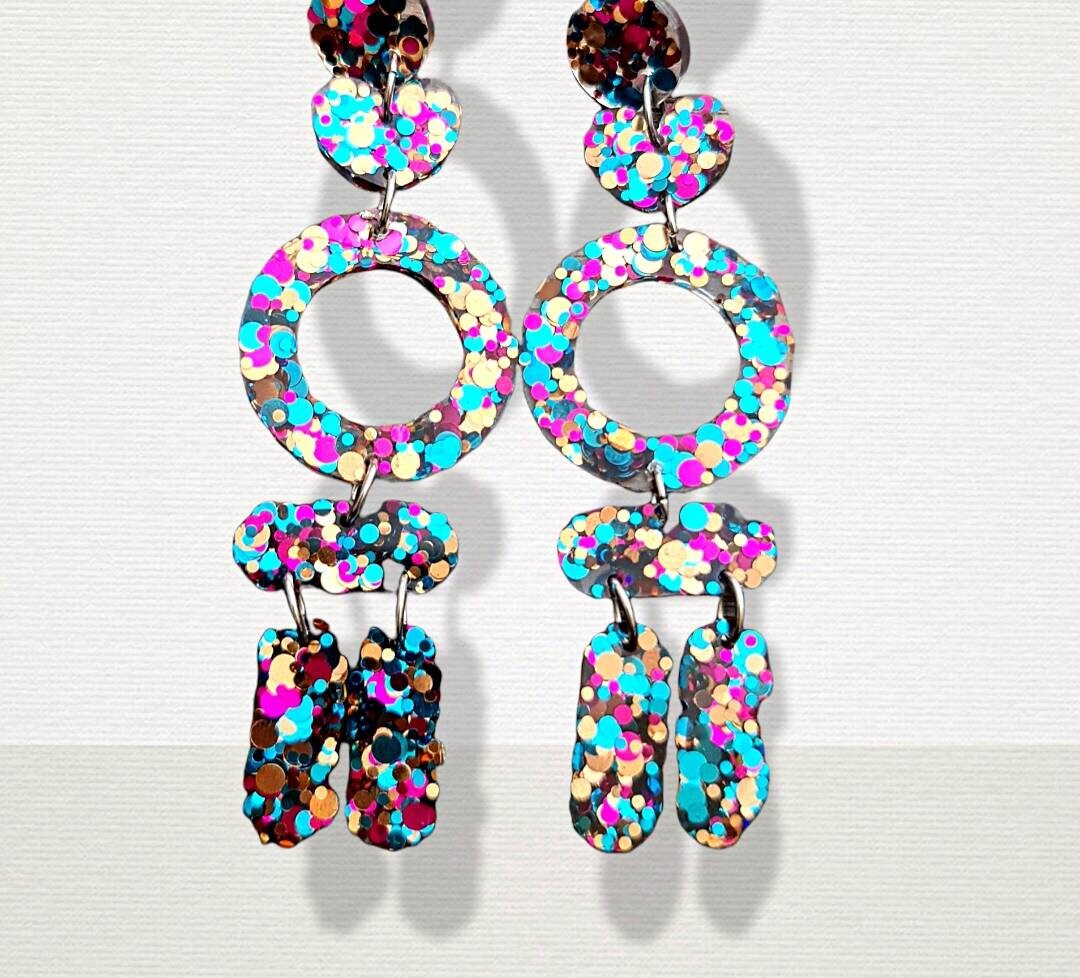 Sparkly Glitter Resin Dangles, Circle Heart Tube Long Earrings, Dangle Statement Earrings 10cm long, Teal, Rose Gold, Hot Pink Mix Earrings