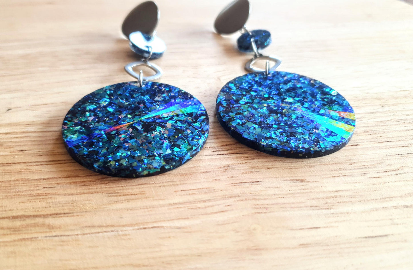 Long Silver Chameleon Hoop Circle Earrings, Holographic Pink, Blue Glitter Dangle, Statement Earrings, Changes colours on movement.