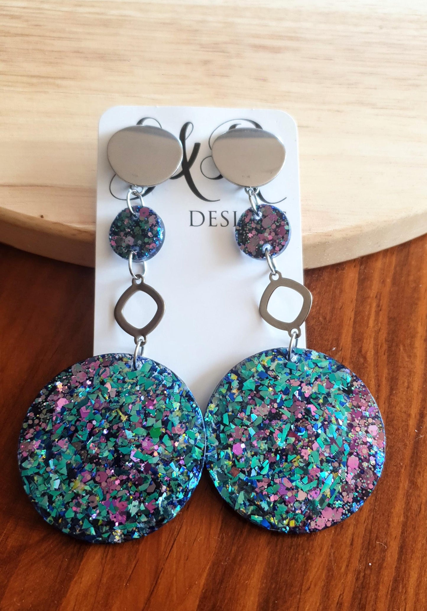 Long Silver Chameleon Hoop Circle Earrings, Holographic Pink, Blue Glitter Dangle, Statement Earrings, Changes colours on movement.