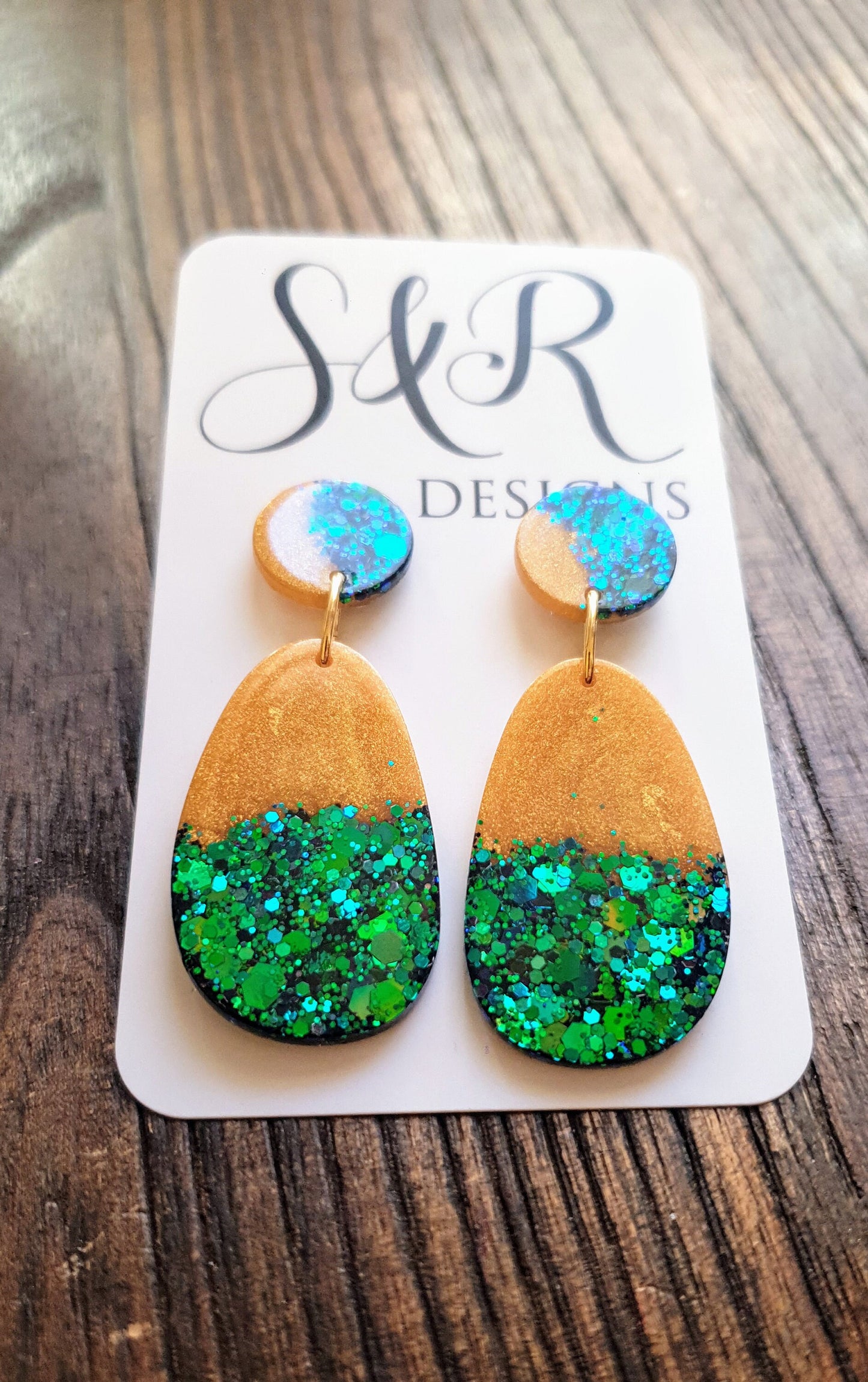 Chameleon Green Blue with Gold Organic Shape Drop Earrings, Green Blue Changing Glitter, Resin Handmade, Stainless Steel. Personalised Gift