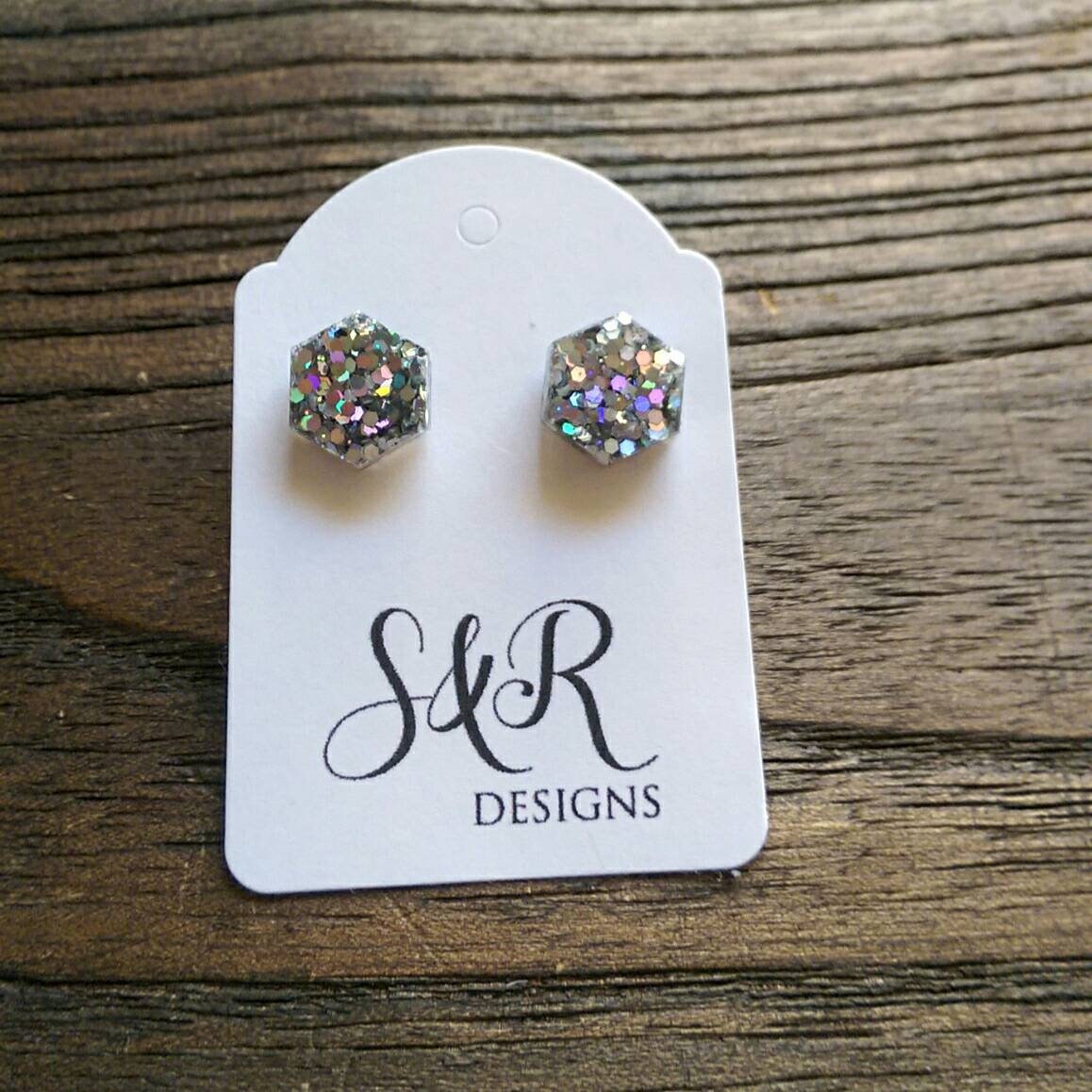 Hexagon Stud Earring, Resin Silver holographic Mix Stud Glitter Earrings. Stainless Steel Stud Earrings. 10mm or Mini Earrings 6mm