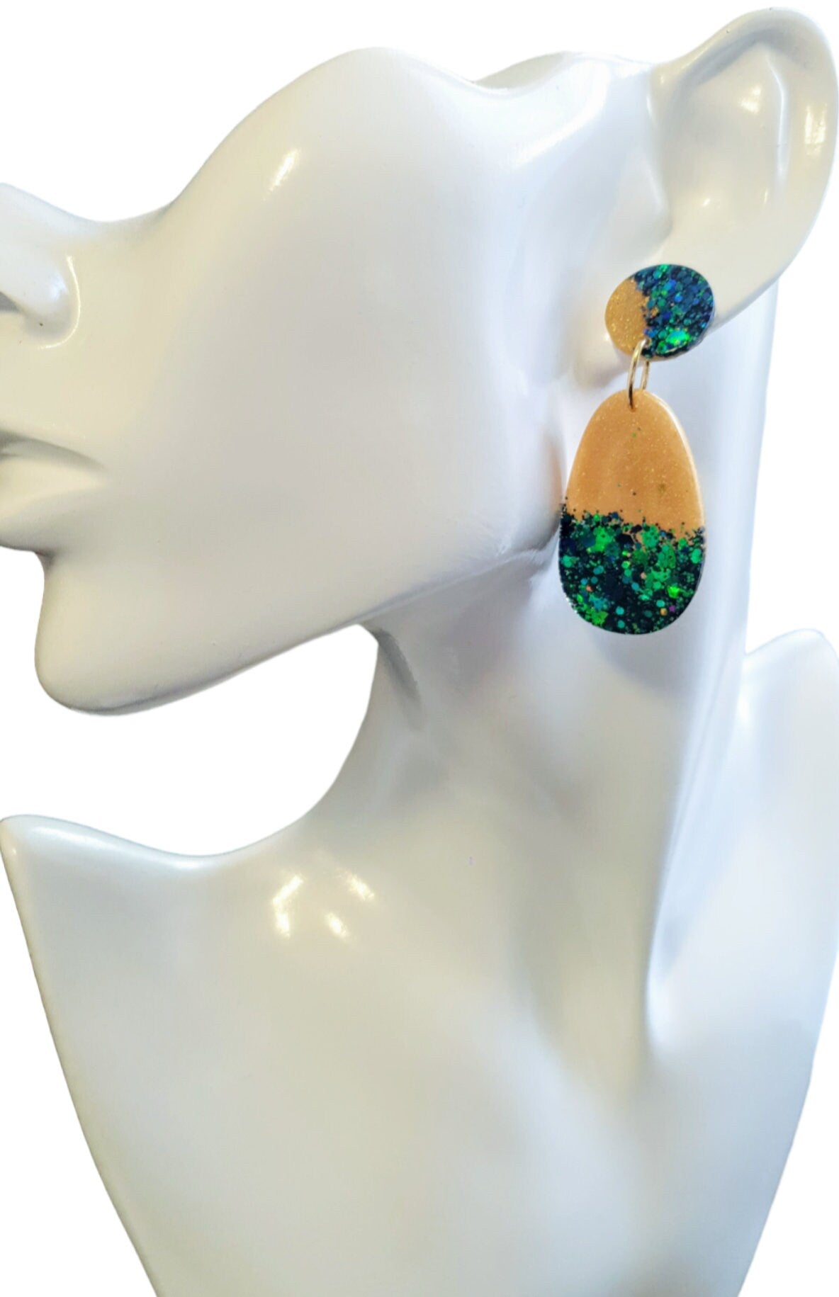Chameleon Green Blue with Gold Organic Shape Drop Earrings, Green Blue Changing Glitter, Resin Handmade, Stainless Steel. Personalised Gift