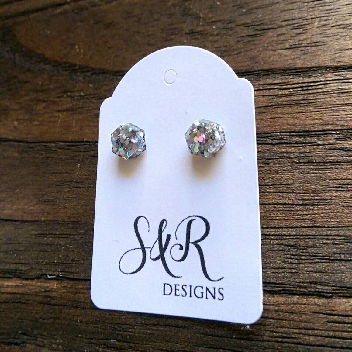 Hexagon Stud Earring, Resin Silver holographic Mix Stud Glitter Earrings. Stainless Steel Stud Earrings. 10mm or Mini Earrings 6mm