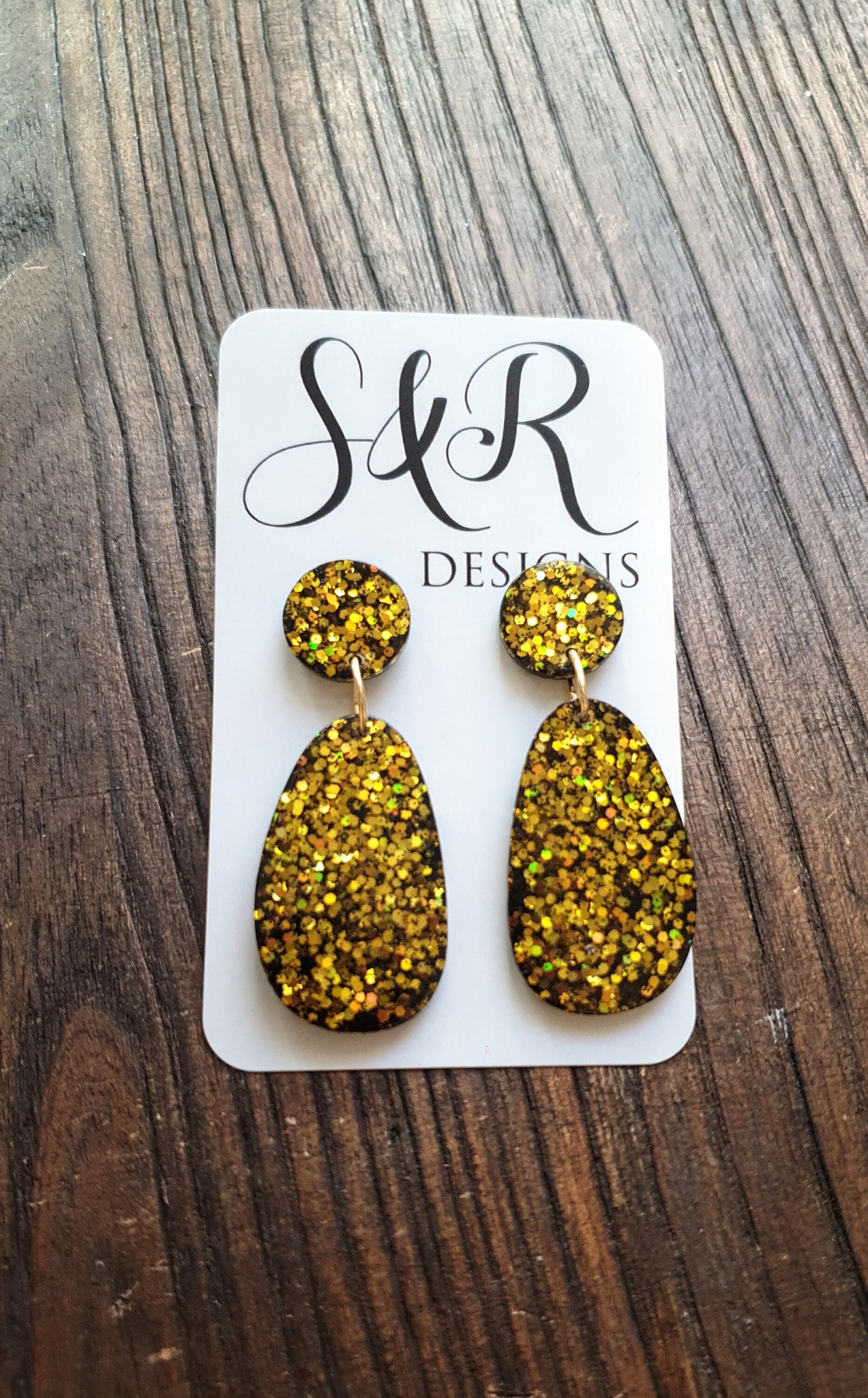 Black Gold Organic Shape Drop Earrings, Gold and Black Mix Glitter, Resin Handmade, Stainless Steel. Earrings Lover Gift