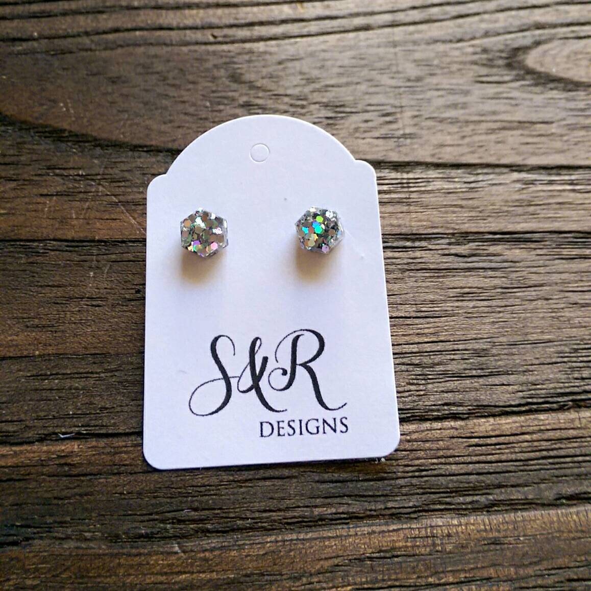 Hexagon Stud Earring, Resin Silver holographic Mix Stud Glitter Earrings. Stainless Steel Stud Earrings. 10mm or Mini Earrings 6mm