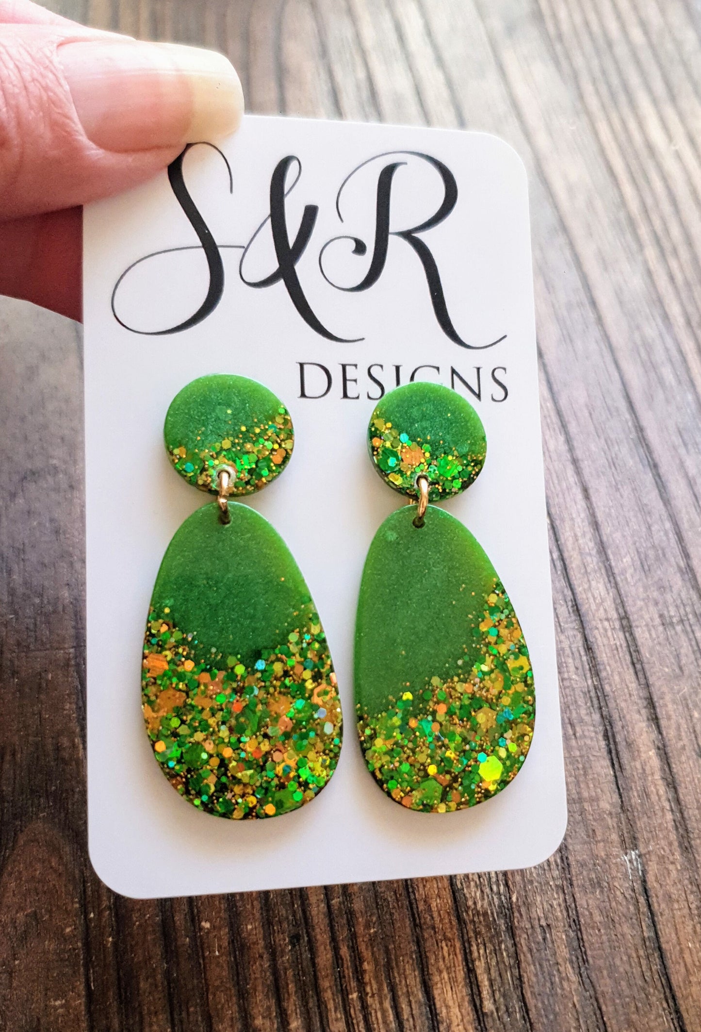 Sparkly Green Oval Organic Shape Drop Earrings, Green Gold Mix Glitter, Resin Handmade, Stainless Steel. Personalised Gift