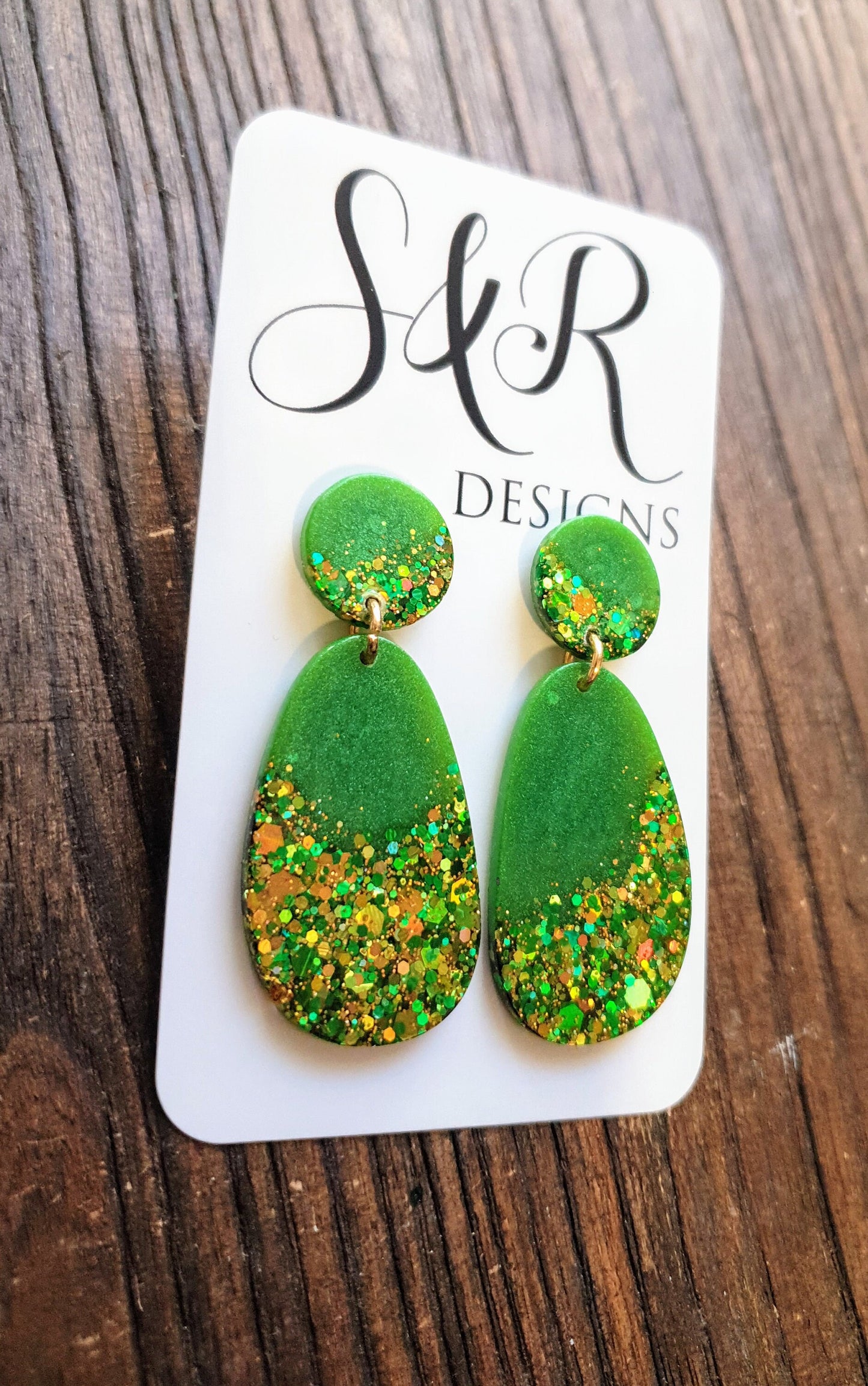Sparkly Green Oval Organic Shape Drop Earrings, Green Gold Mix Glitter, Resin Handmade, Stainless Steel. Personalised Gift