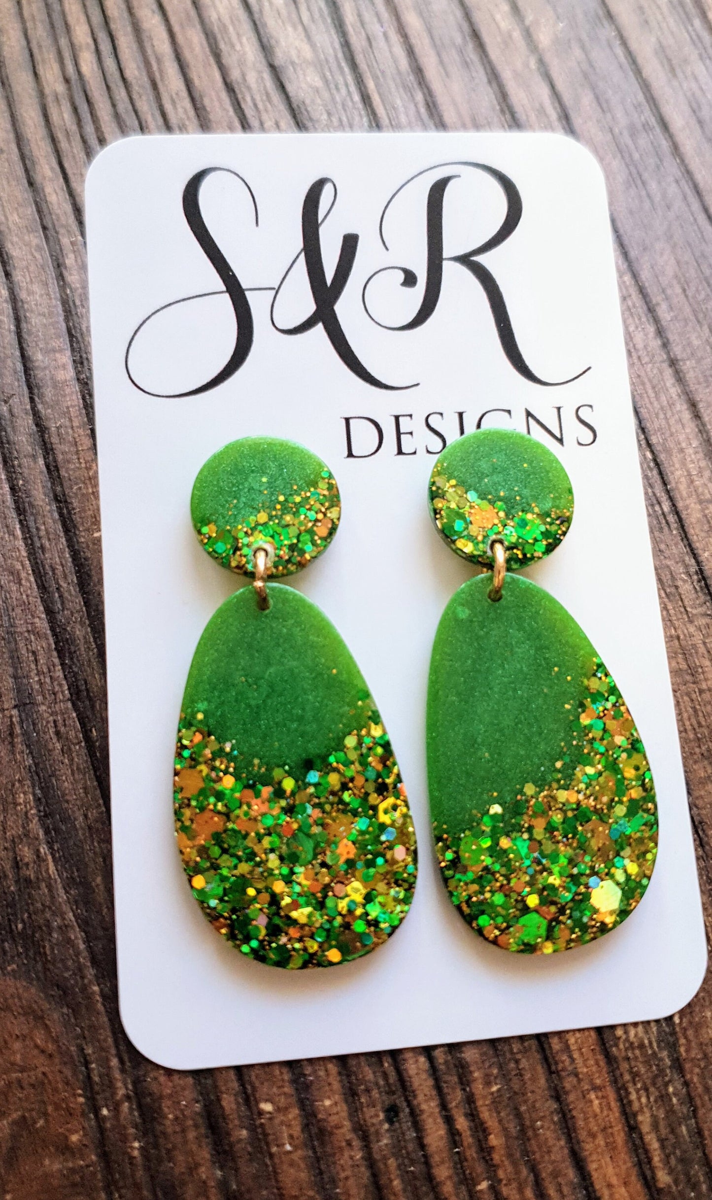 Sparkly Green Oval Organic Shape Drop Earrings, Green Gold Mix Glitter, Resin Handmade, Stainless Steel. Personalised Gift