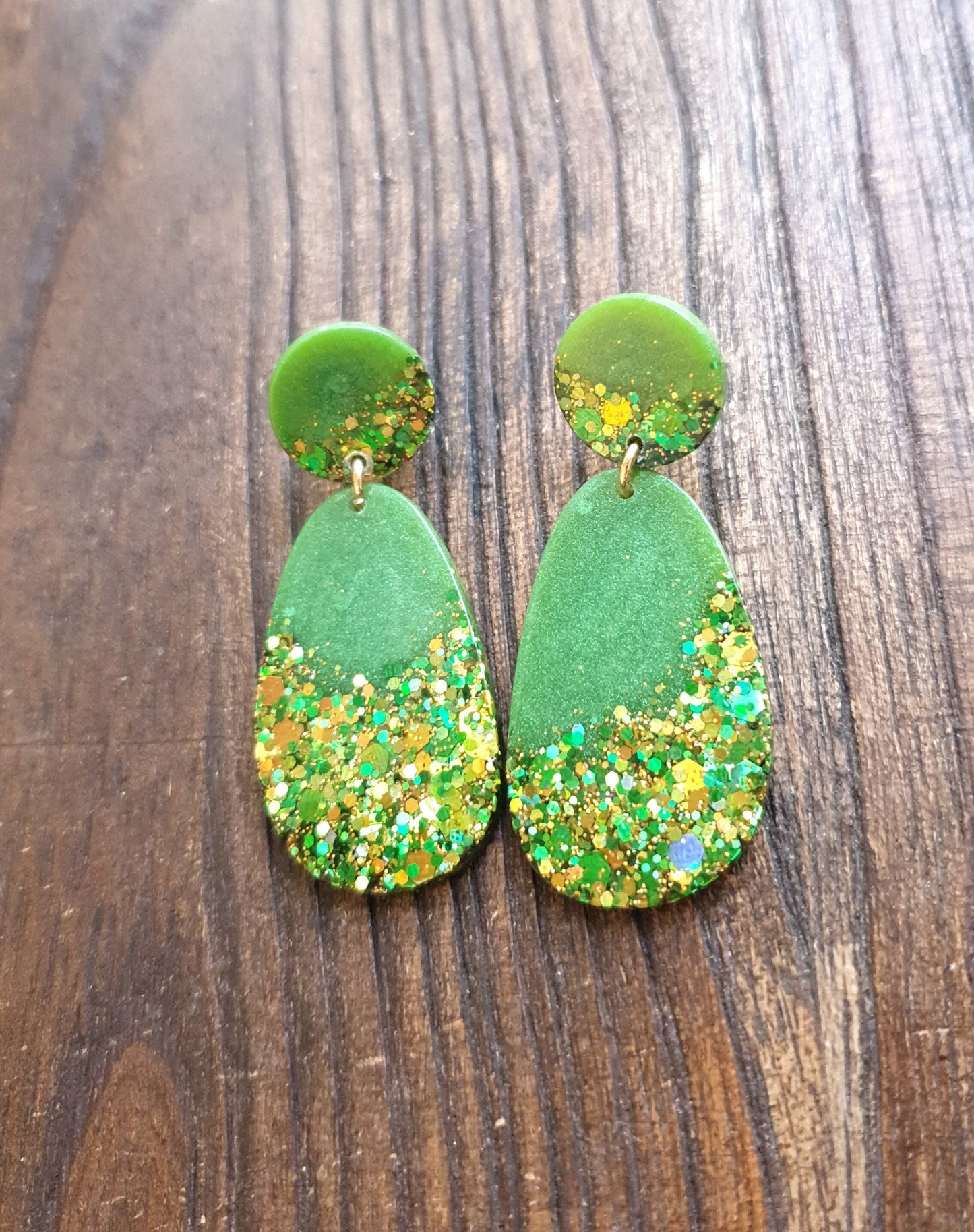 Sparkly Green Oval Organic Shape Drop Earrings, Green Gold Mix Glitter, Resin Handmade, Stainless Steel. Personalised Gift