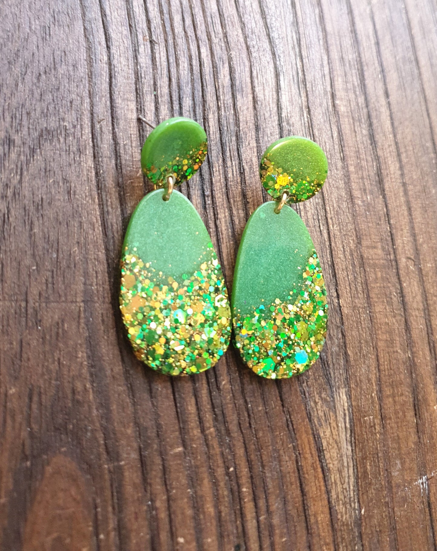Sparkly Green Oval Organic Shape Drop Earrings, Green Gold Mix Glitter, Resin Handmade, Stainless Steel. Personalised Gift
