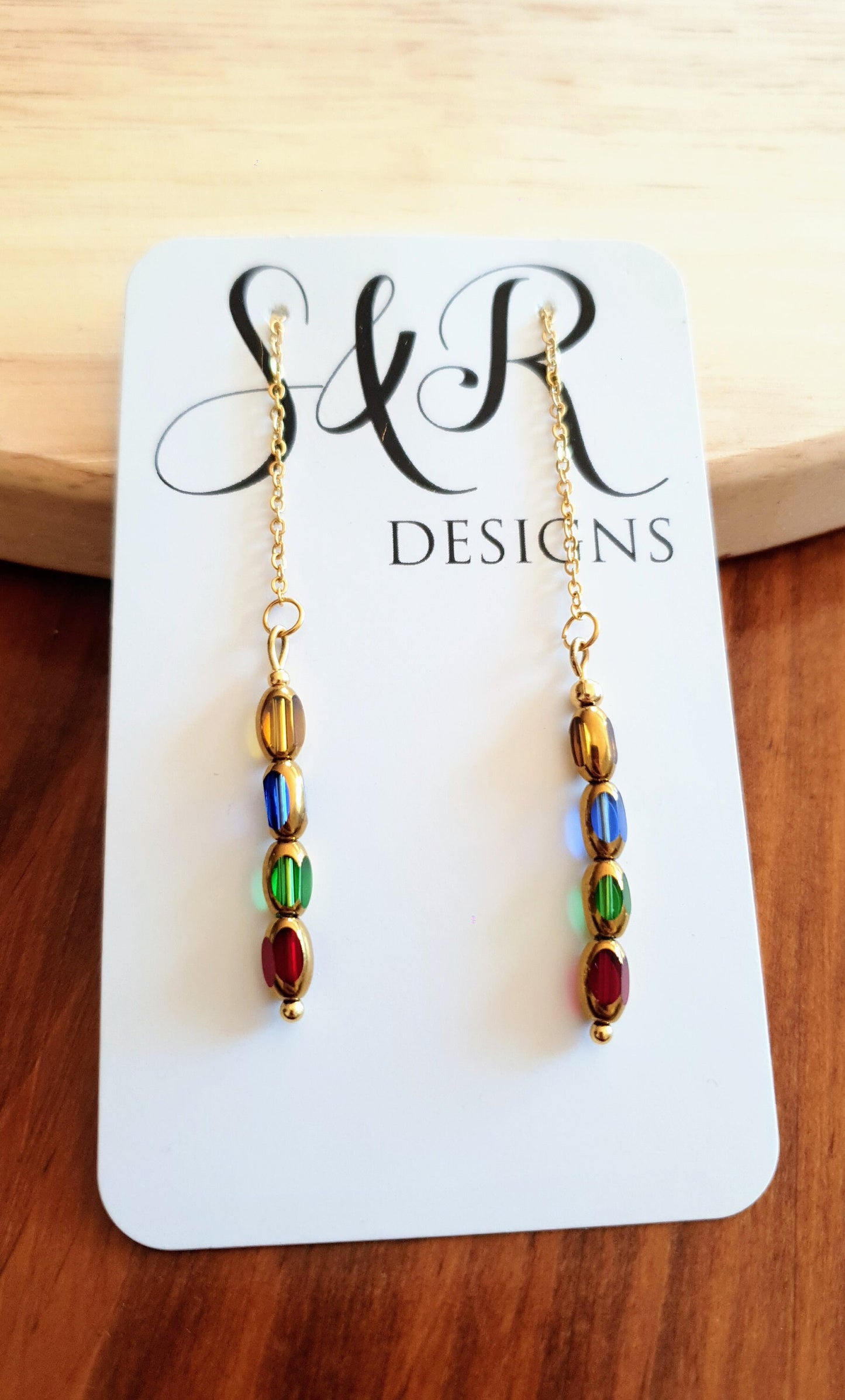 Gold Threaders, Multicoloured Glass Beaded Threaders Drop Earrings, Stainless Steel with Red Green, Blue and Yellow Gold Glass Beads