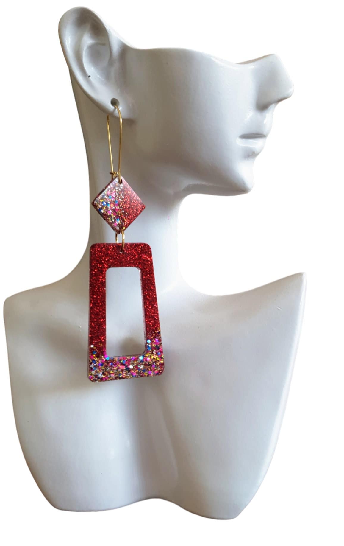 Rectangle Long Dangle Latchback Earwire Earrings, Red Lipstick with Blue Gold Red Shimmer Resin Dangles, Stainless Steel, Statement Earrings