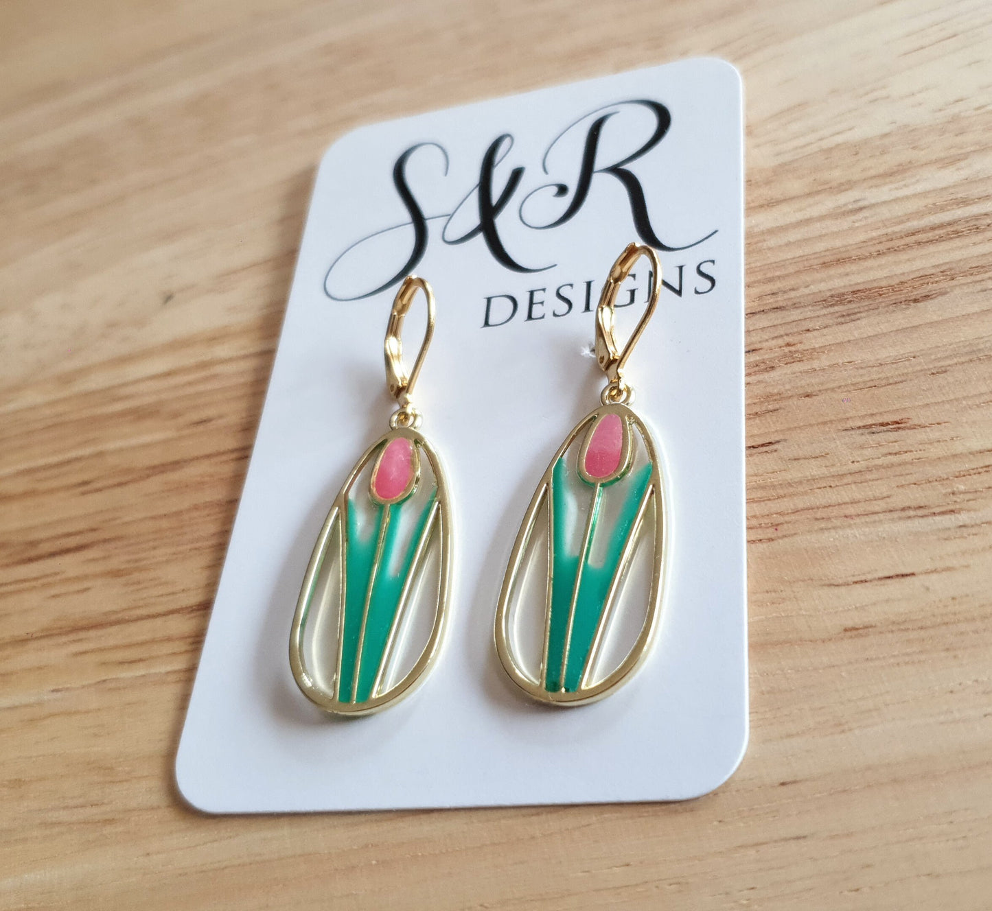 Statement Tulip Flower Dangle Earrings, Pink Green Tulip Flower Dangle Drop Leaverback Earrings, Handmade Resin Dangles, Stainless Steel