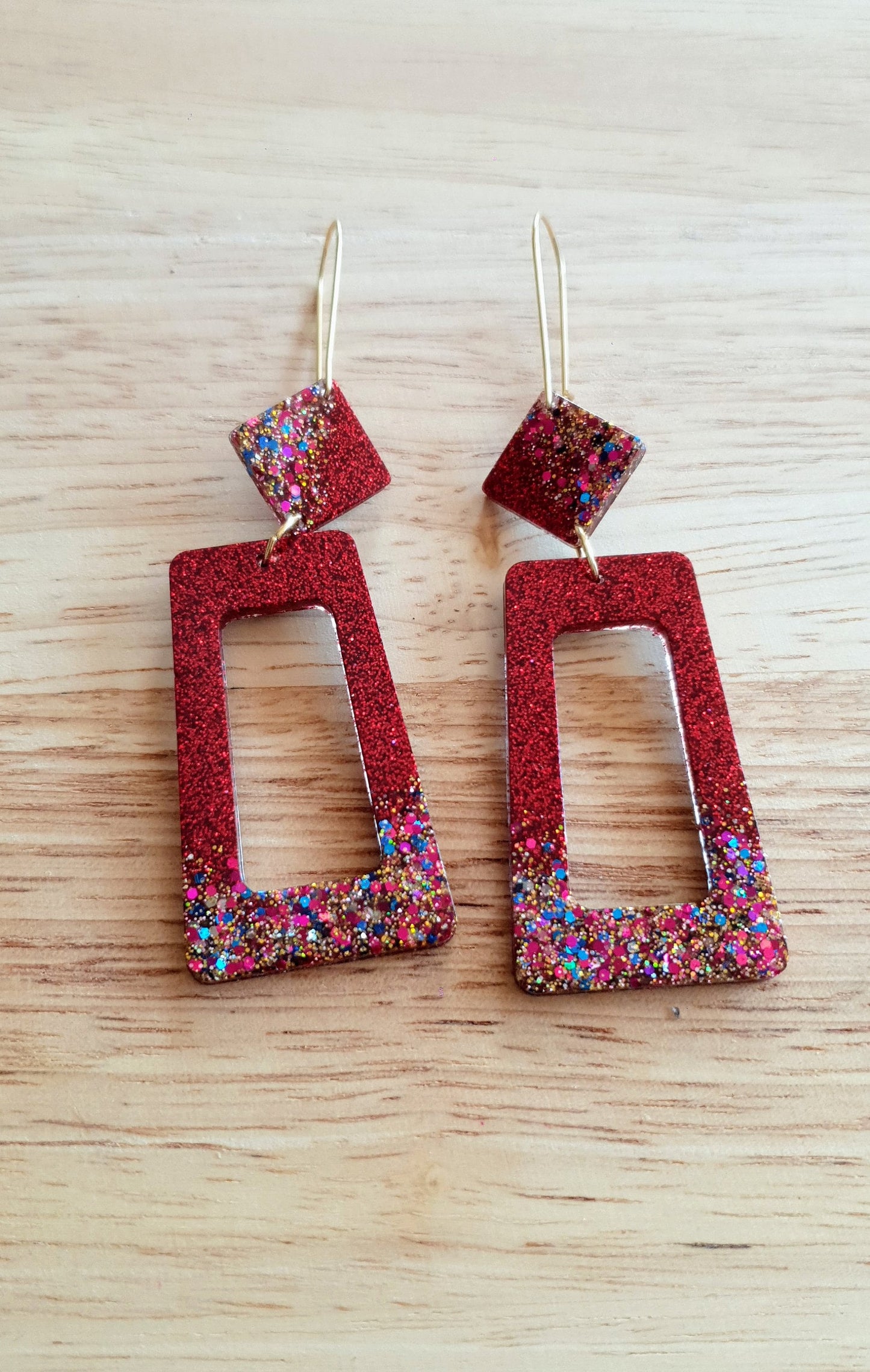 Rectangle Long Dangle Latchback Earwire Earrings, Red Lipstick with Blue Gold Red Shimmer Resin Dangles, Stainless Steel, Statement Earrings