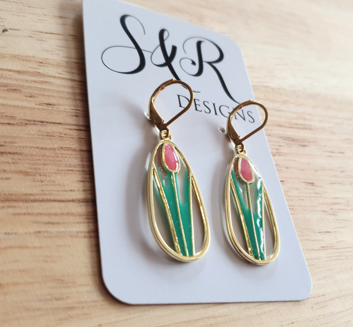 Statement Tulip Flower Dangle Earrings, Pink Green Tulip Flower Dangle Drop Leaverback Earrings, Handmade Resin Dangles, Stainless Steel