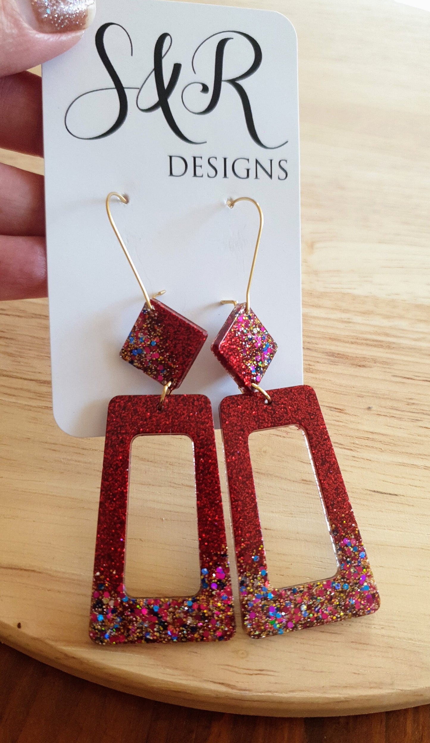 Rectangle Long Dangle Latchback Earwire Earrings, Red Lipstick with Blue Gold Red Shimmer Resin Dangles, Stainless Steel, Statement Earrings