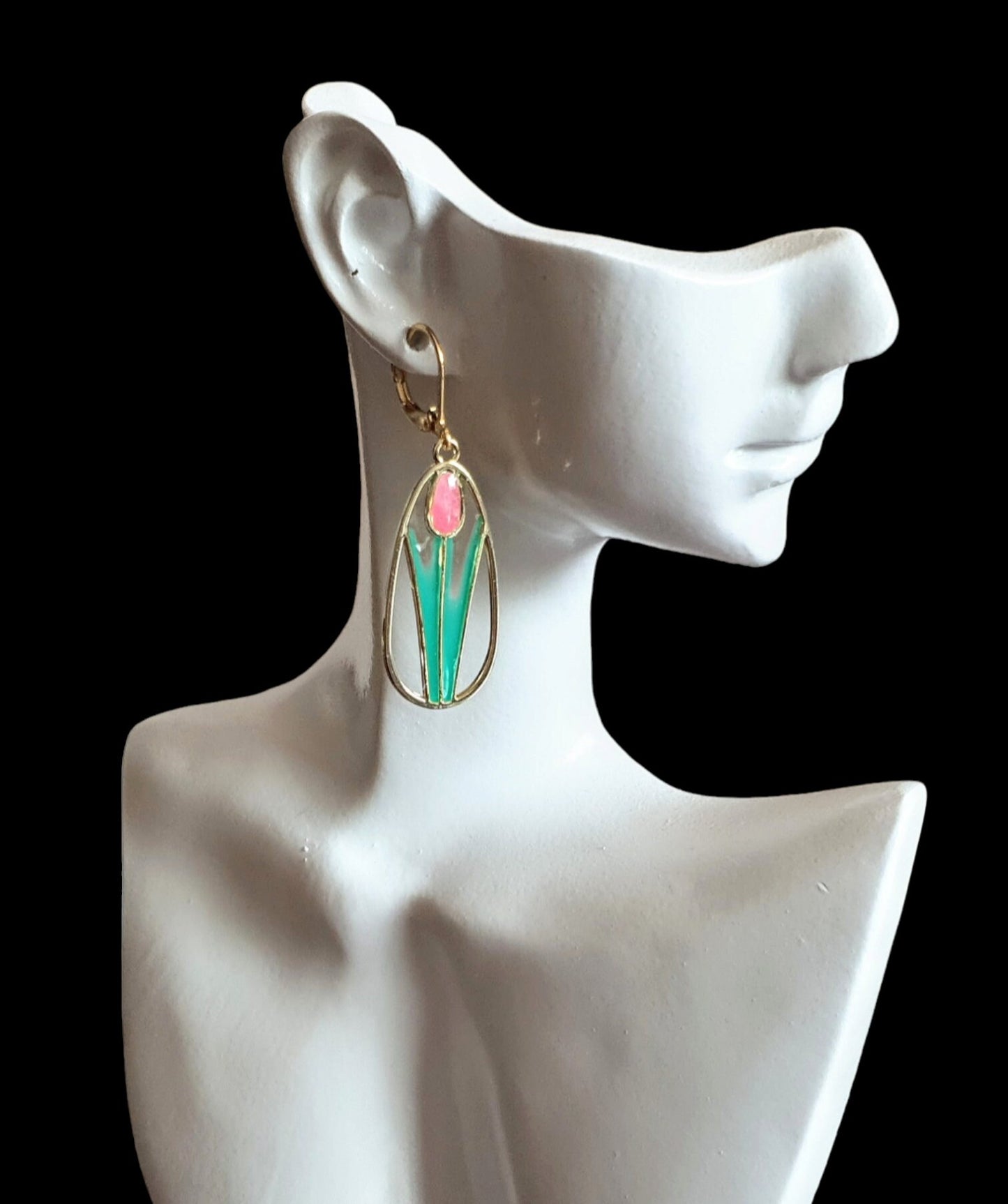 Statement Tulip Flower Dangle Earrings, Pink Green Tulip Flower Dangle Drop Leaverback Earrings, Handmade Resin Dangles, Stainless Steel