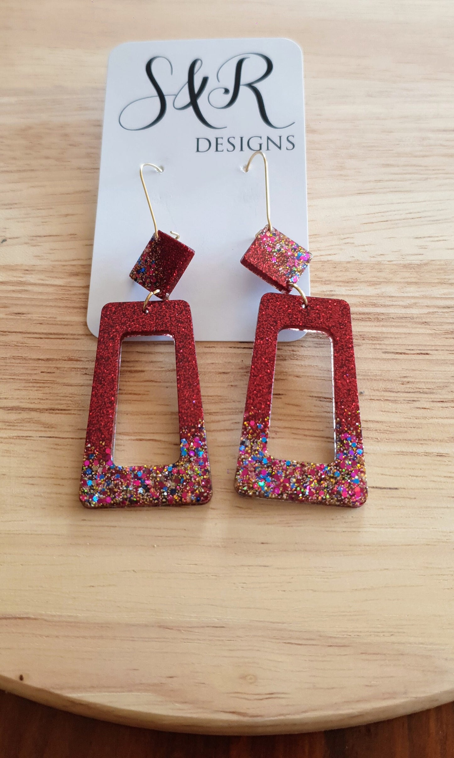 Rectangle Long Dangle Latchback Earwire Earrings, Red Lipstick with Blue Gold Red Shimmer Resin Dangles, Stainless Steel, Statement Earrings