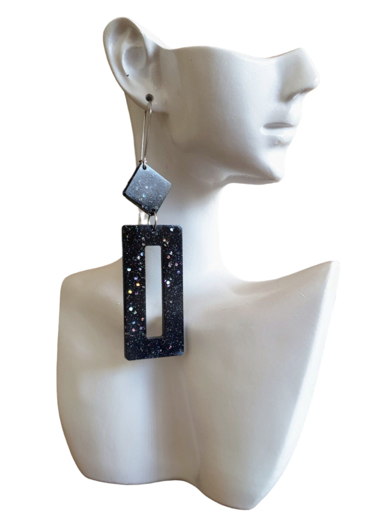 Rectangle Long Dangle Latchback Earwire Earrings, Black Holographic Glitter Resin Dangle, Stainless Steel, Statement Earrings