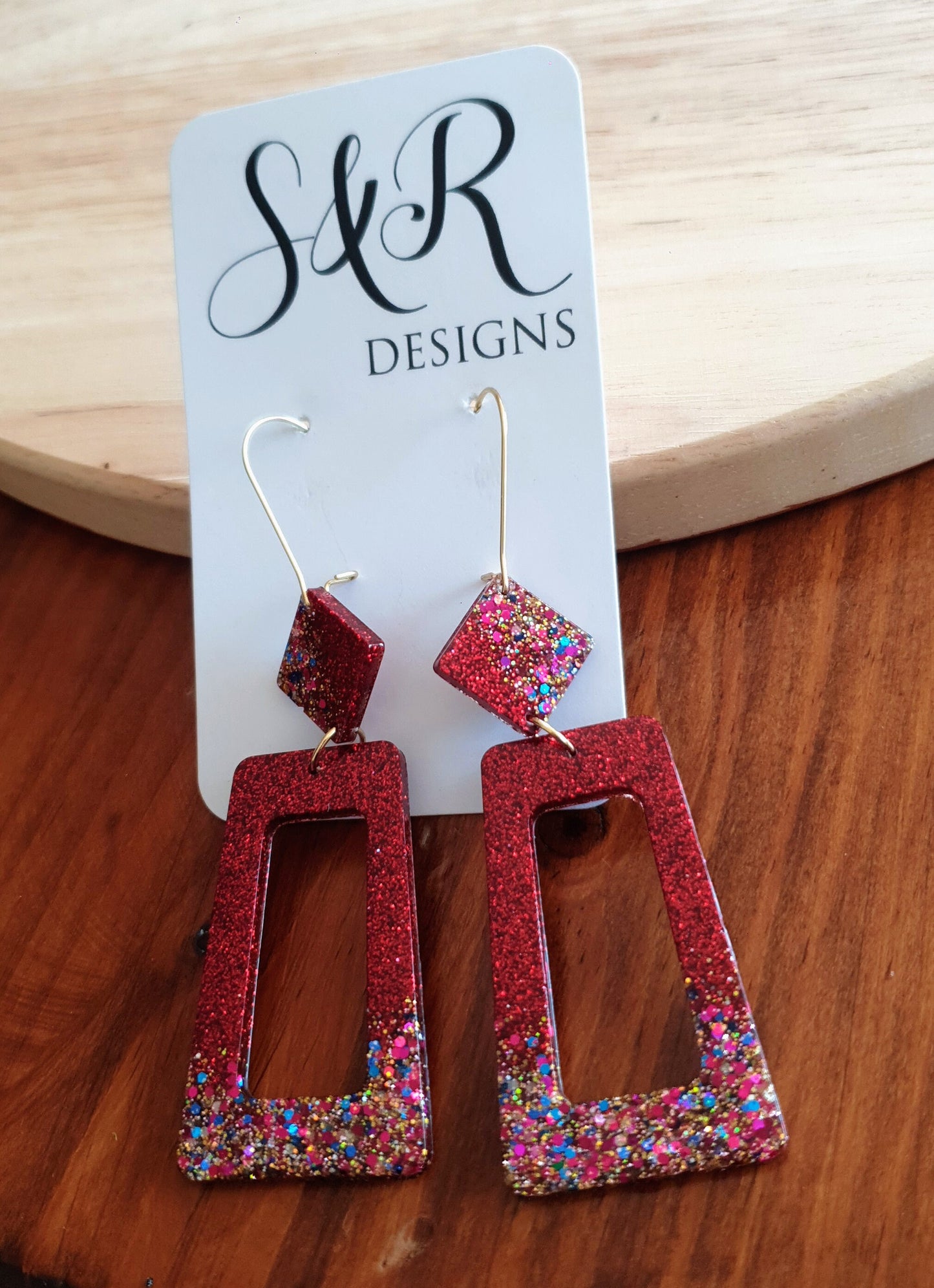 Rectangle Long Dangle Latchback Earwire Earrings, Red Lipstick with Blue Gold Red Shimmer Resin Dangles, Stainless Steel, Statement Earrings