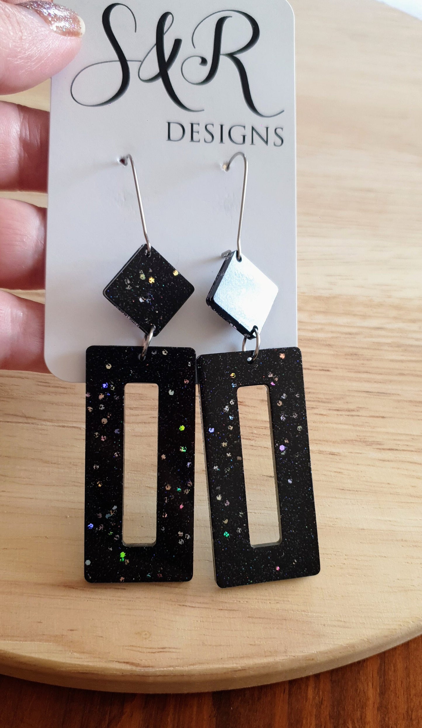 Rectangle Long Dangle Latchback Earwire Earrings, Black Holographic Glitter Resin Dangle, Stainless Steel, Statement Earrings