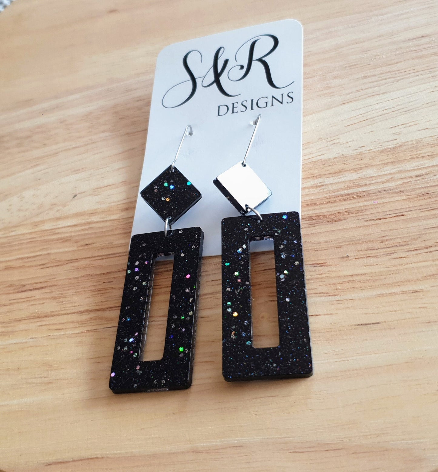 Rectangle Long Dangle Latchback Earwire Earrings, Black Holographic Glitter Resin Dangle, Stainless Steel, Statement Earrings