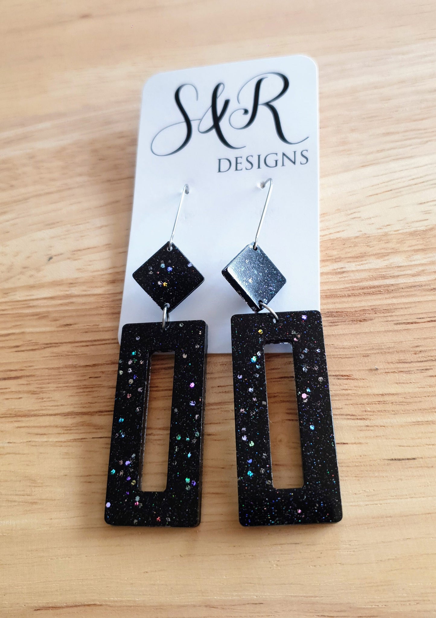 Rectangle Long Dangle Latchback Earwire Earrings, Black Holographic Glitter Resin Dangle, Stainless Steel, Statement Earrings