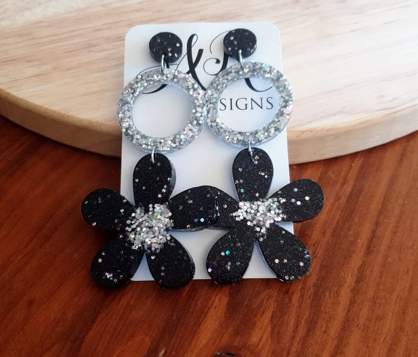 Statement Circle Flower Drop Earrings, Black and Silver Holographic Large Flower Resin Dangles, Stainless Steel