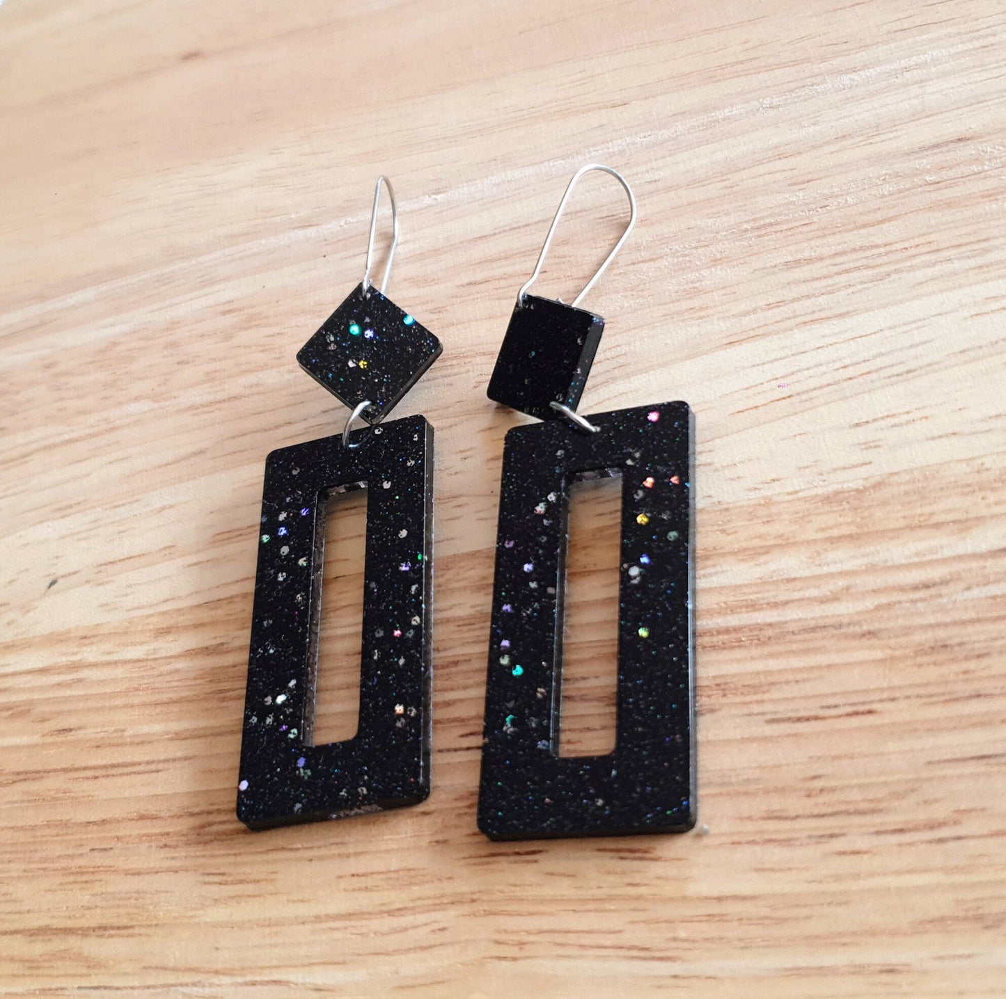 Rectangle Long Dangle Latchback Earwire Earrings, Black Holographic Glitter Resin Dangle, Stainless Steel, Statement Earrings
