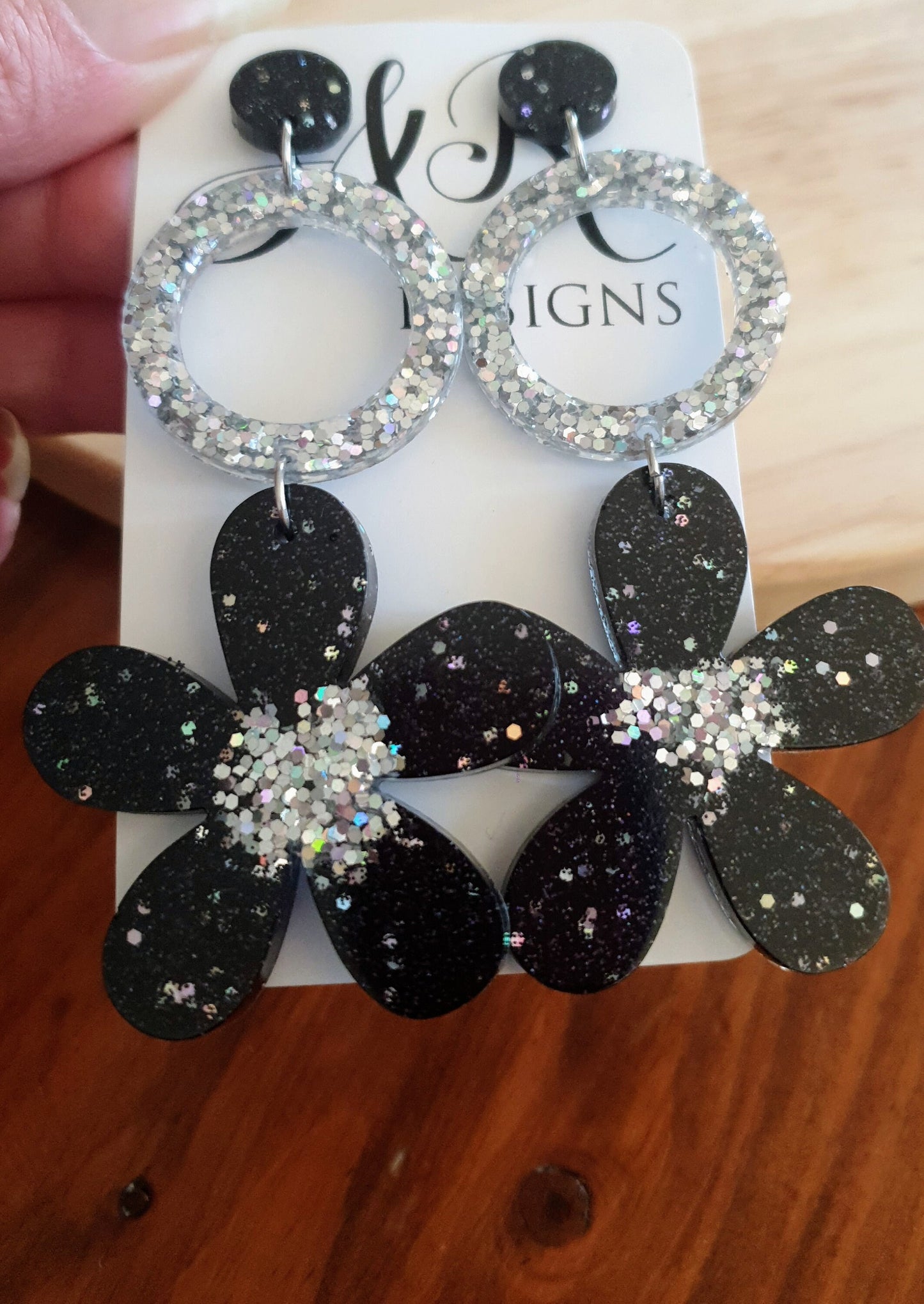 Statement Circle Flower Drop Earrings, Black and Silver Holographic Large Flower Resin Dangles, Stainless Steel