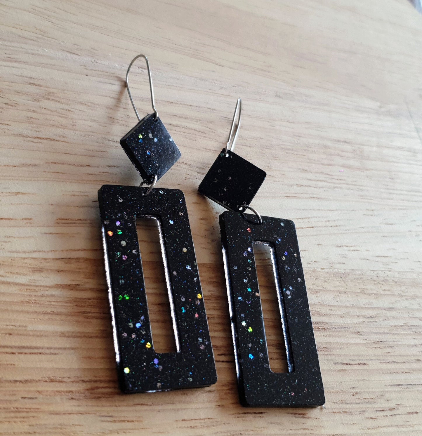 Rectangle Long Dangle Latchback Earwire Earrings, Black Holographic Glitter Resin Dangle, Stainless Steel, Statement Earrings
