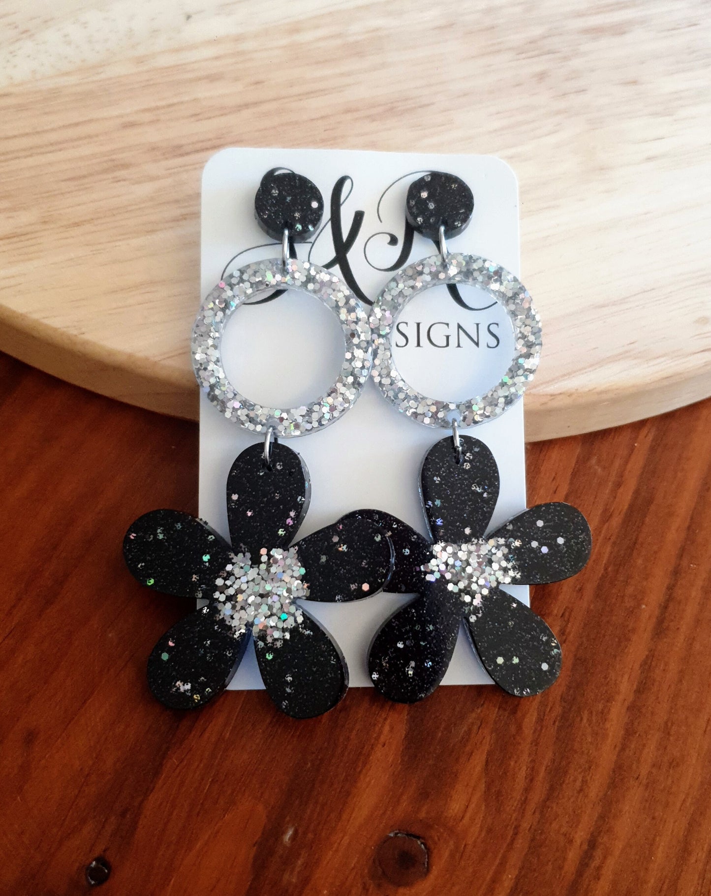 Statement Circle Flower Drop Earrings, Black and Silver Holographic Large Flower Resin Dangles, Stainless Steel