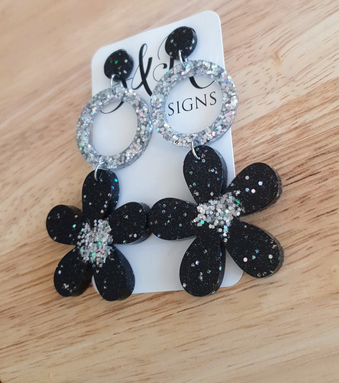 Statement Circle Flower Drop Earrings, Black and Silver Holographic Large Flower Resin Dangles, Stainless Steel