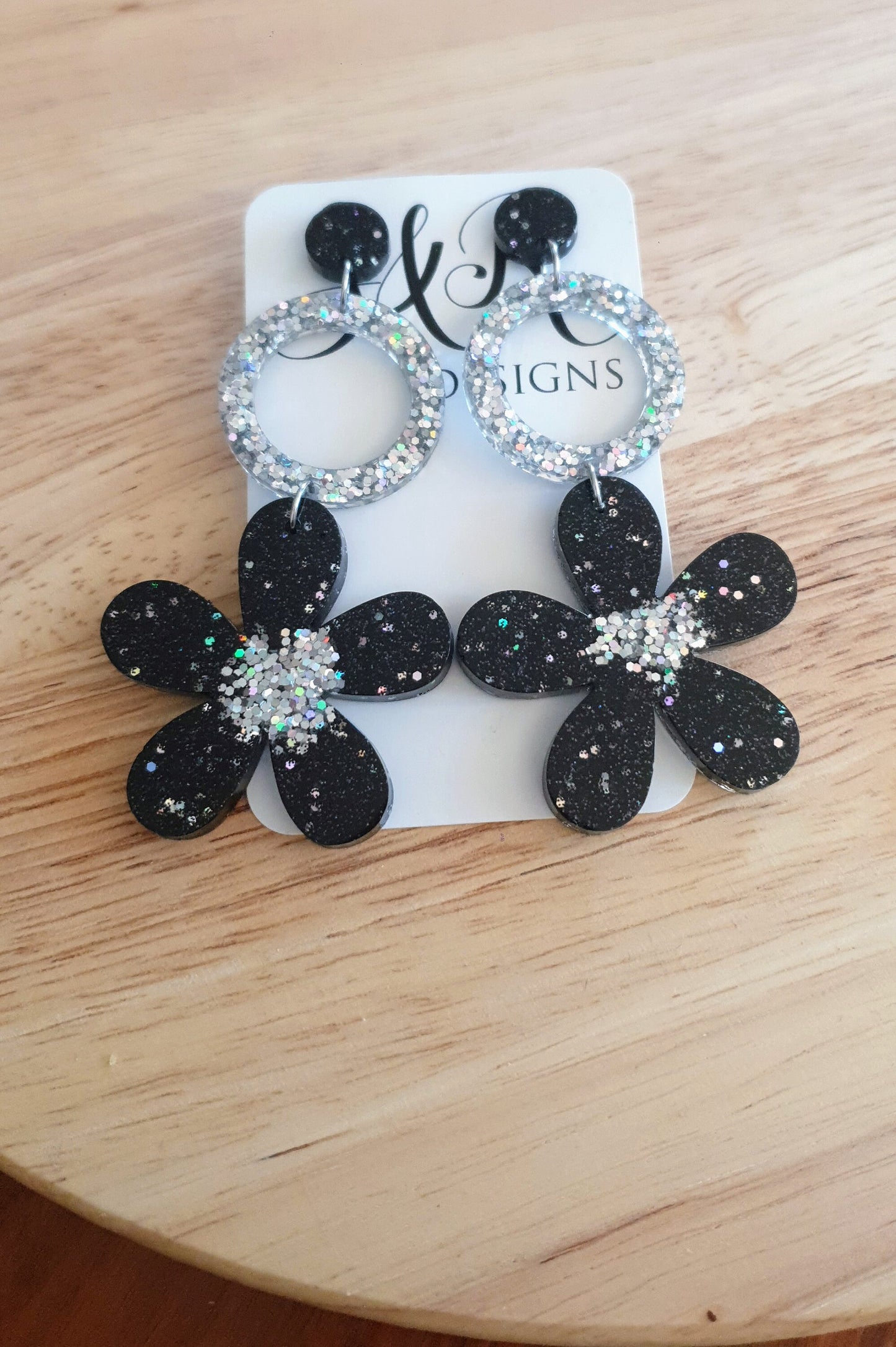 Statement Circle Flower Drop Earrings, Black and Silver Holographic Large Flower Resin Dangles, Stainless Steel