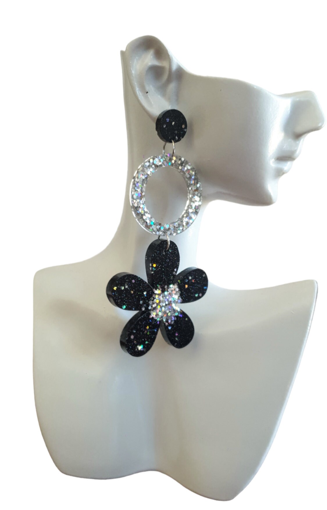 Statement Circle Flower Drop Earrings, Black and Silver Holographic Large Flower Resin Dangles, Stainless Steel