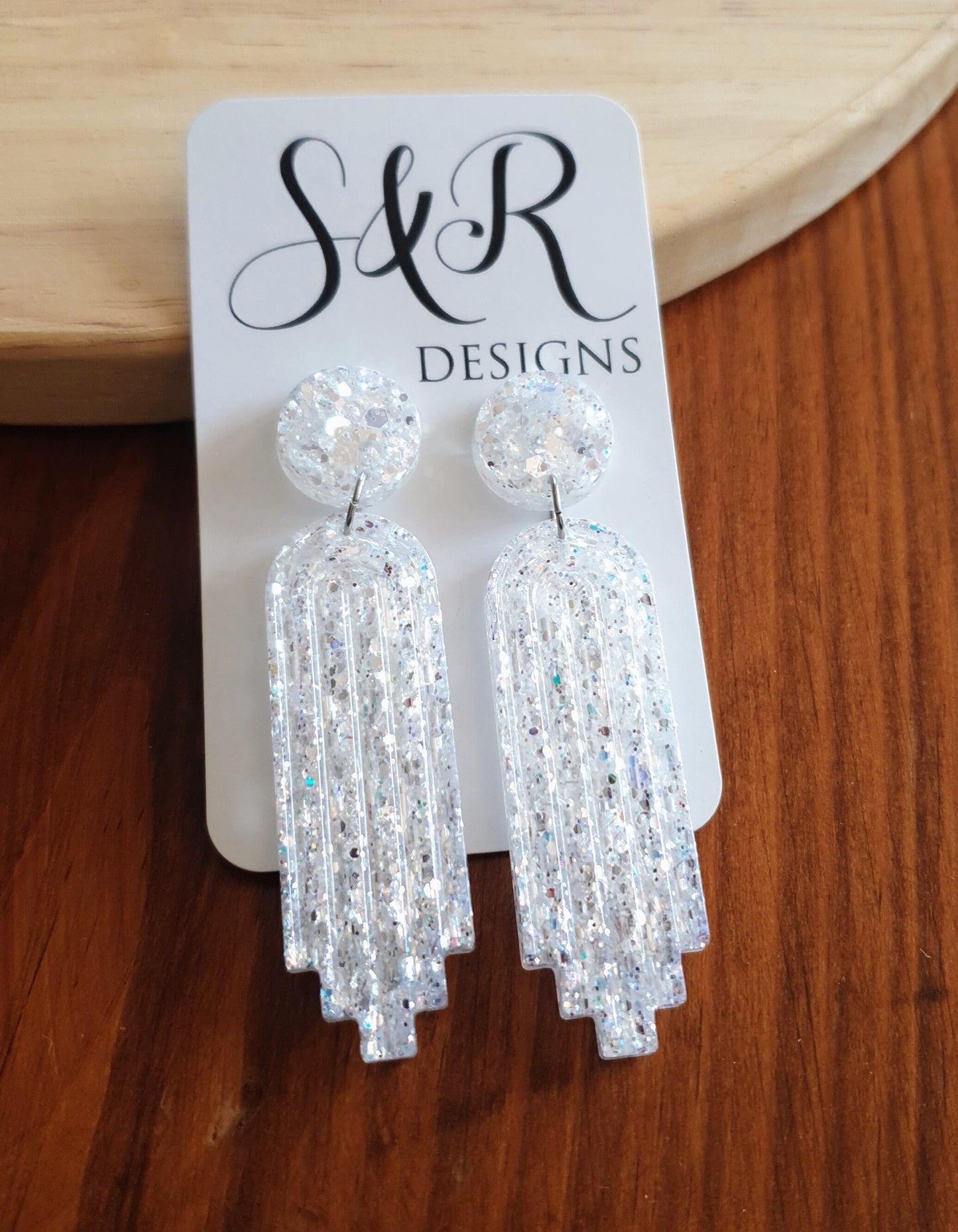 White Mirror Long Rectangle Dangle Drop Earrings, Statement Handmade Resin Gift, Maximalist Stainless Steel Dangles.
